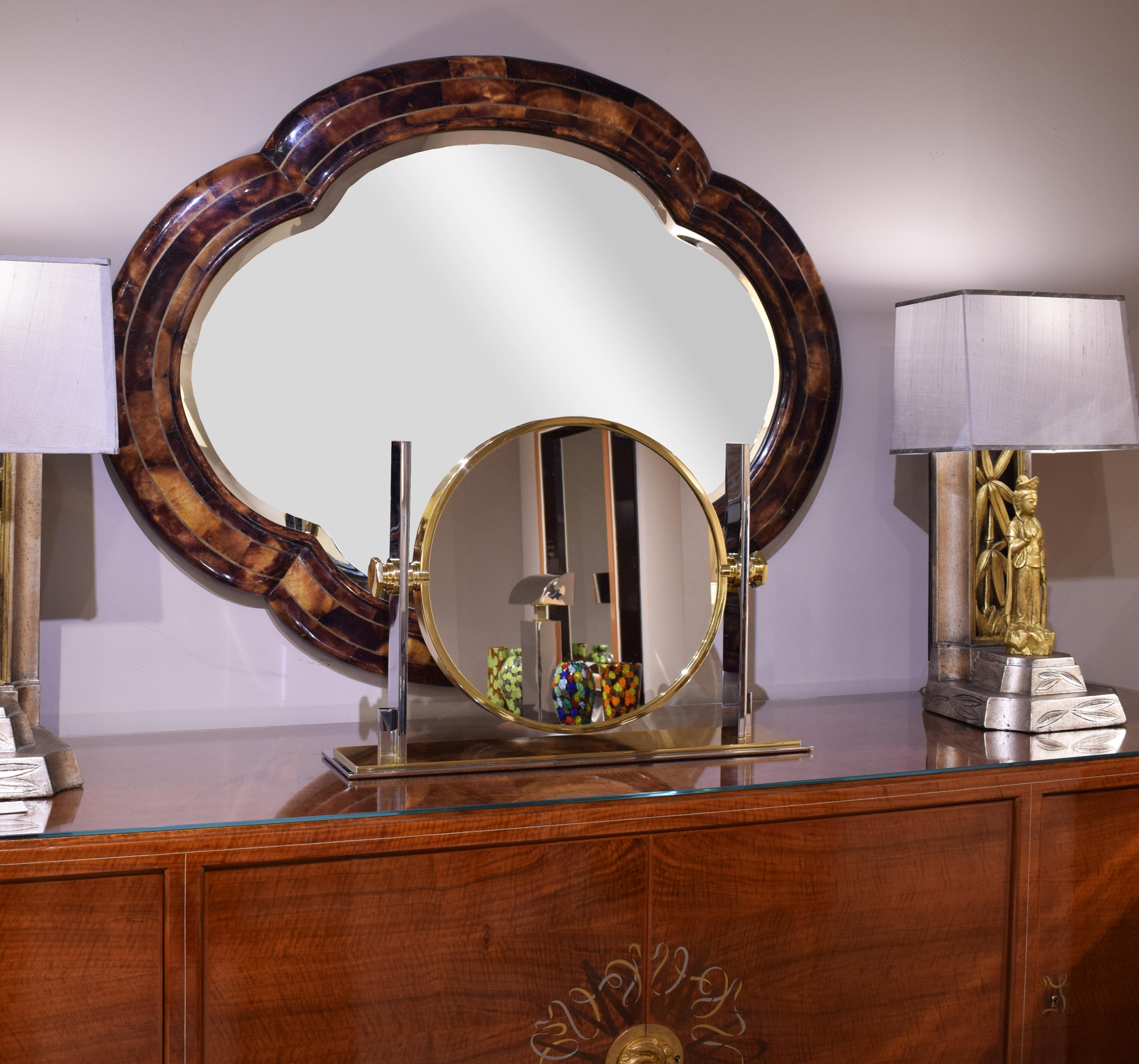 Karl Springer Extra Large Vanity Mirror in Polished Steel and Brass, 1980s In Excellent Condition In New York, NY
