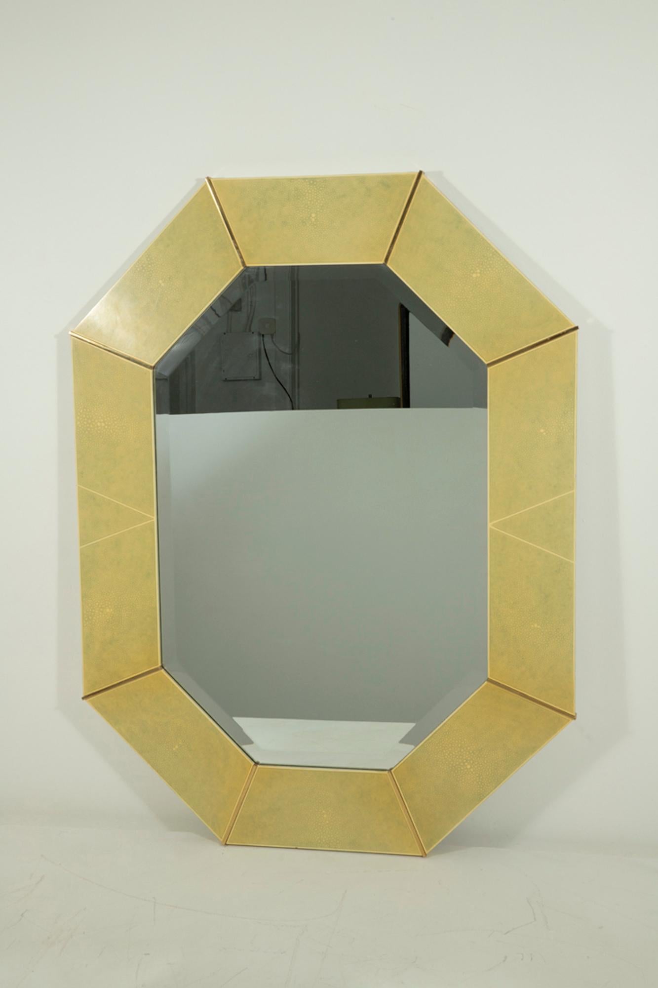 Painted Karl Springer Faux Shagreen and Brass Wall Mirror For Sale