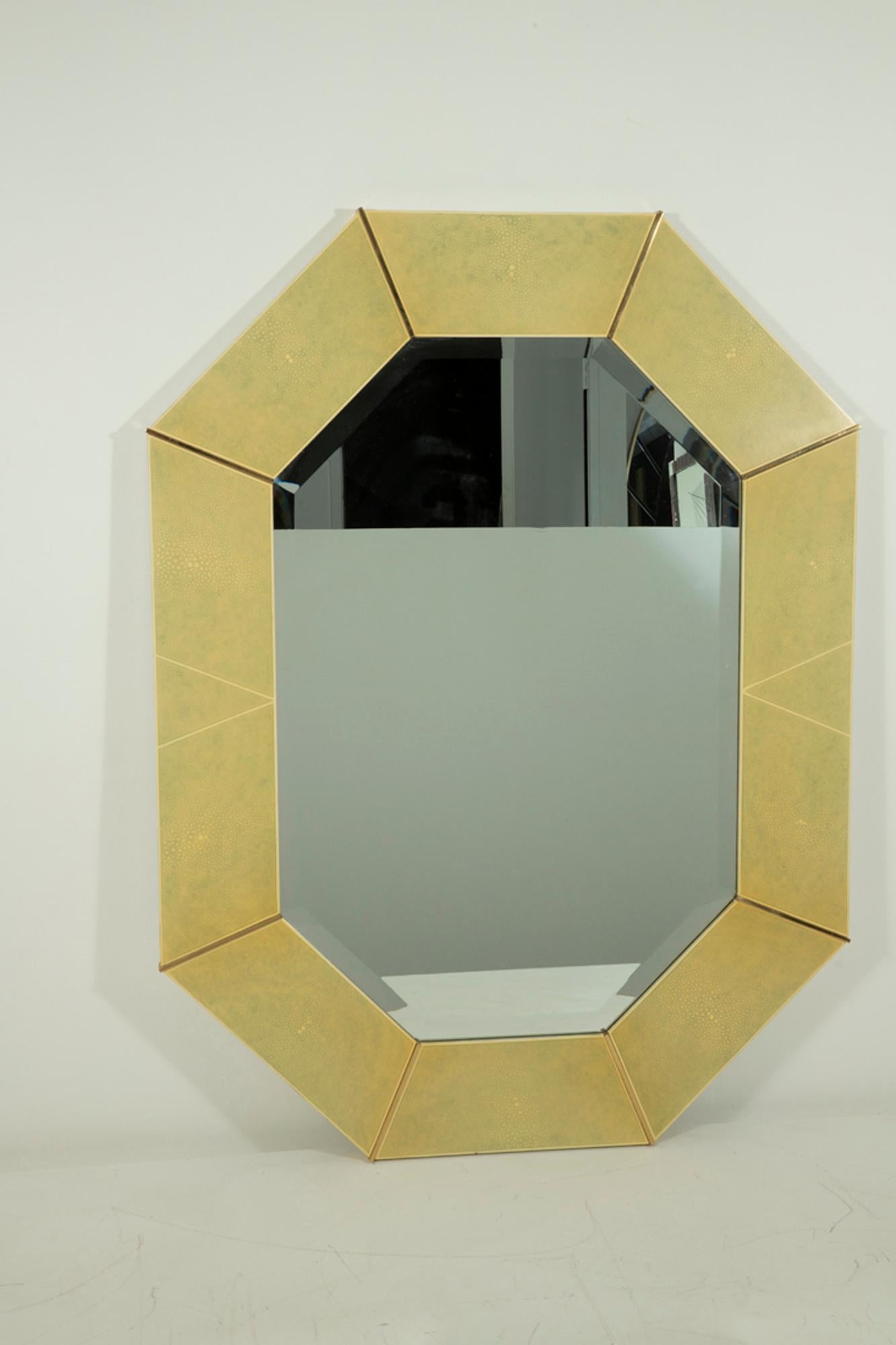 Karl Springer Faux Shagreen and Brass Wall Mirror In Good Condition For Sale In Los Angeles, CA