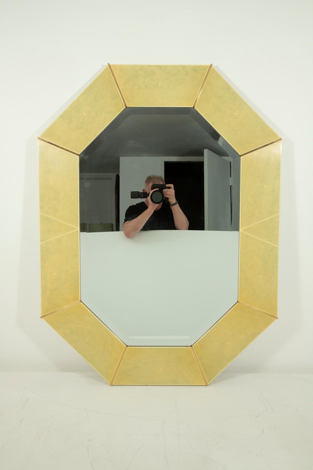 20th Century Karl Springer Faux Shagreen and Brass Wall Mirror For Sale