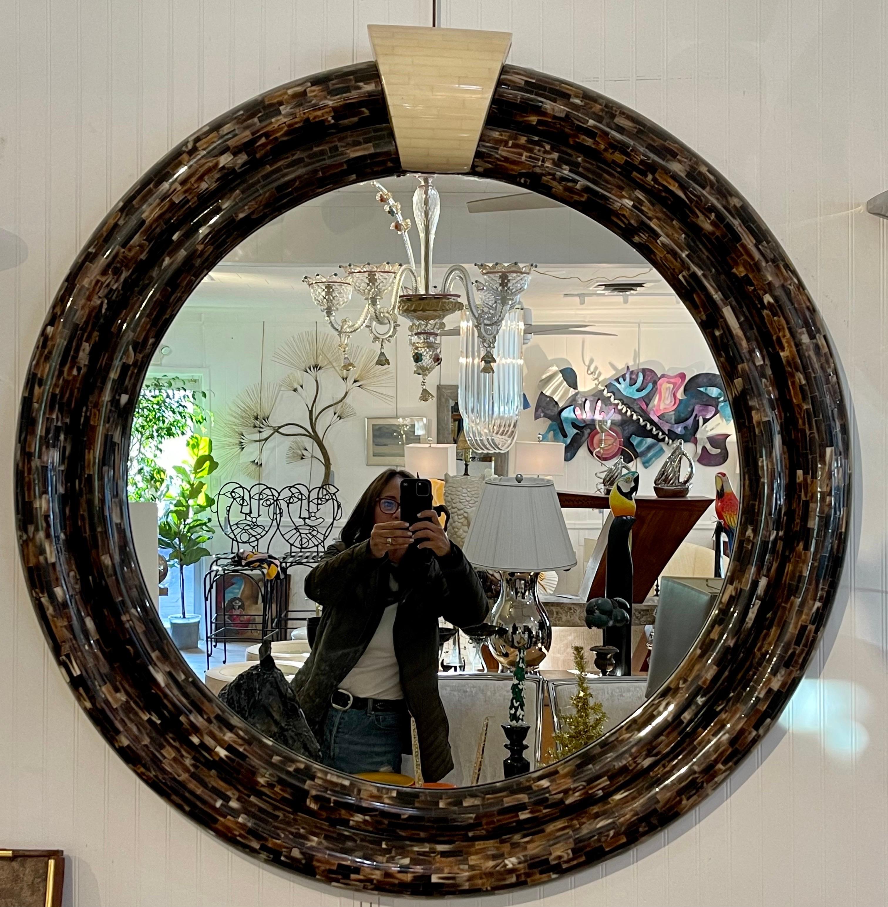 Elegant Karl Springer faux tortoise mirror with modern Art Deco look. Frame is perfect but there is a very small crack in the mirror at the very top where mirror goes under faux tortoise frame - hard to see but there.
See pics. Now, more than ever,
