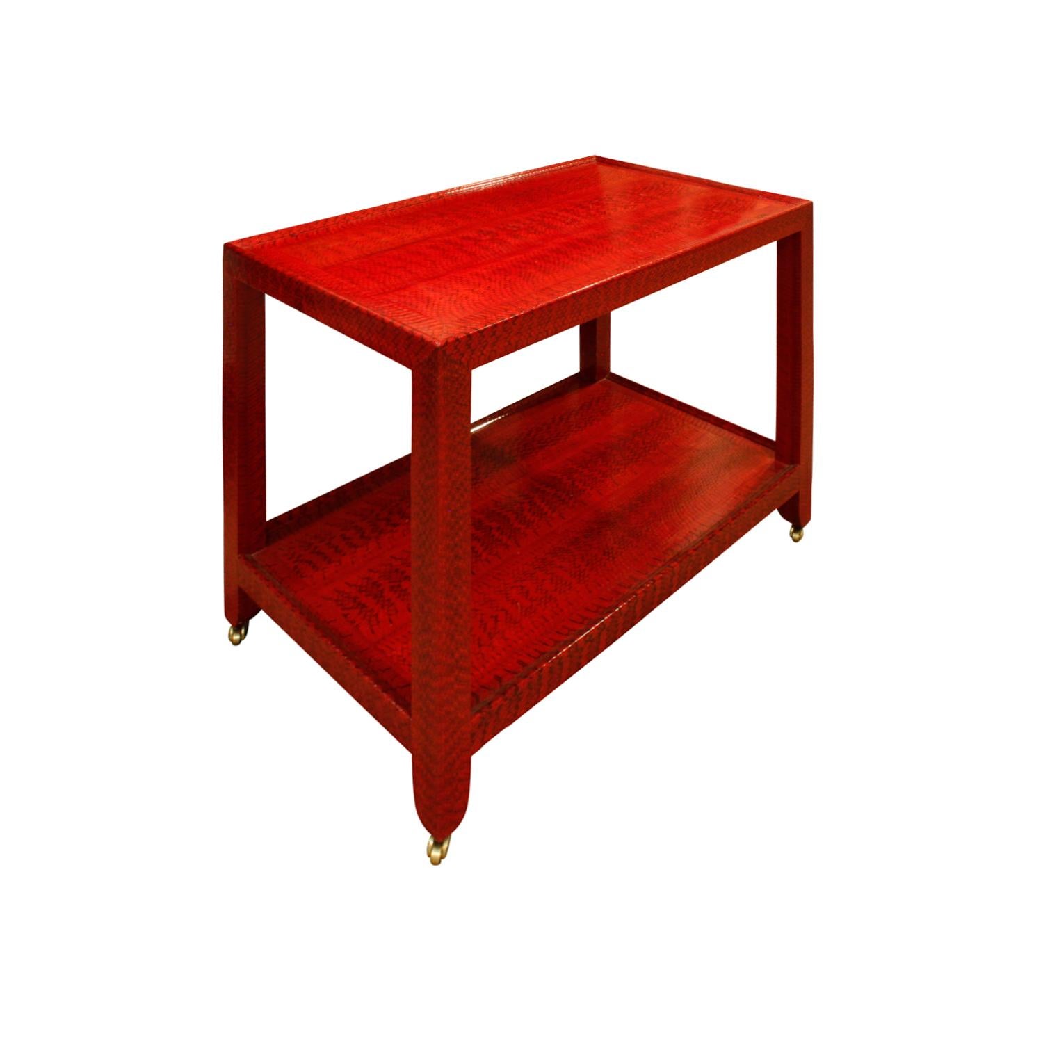 Beautifully Crafted Telephone Table style end table in red and black cobra by Karl Springer, American 1988 (label on bottom reads 