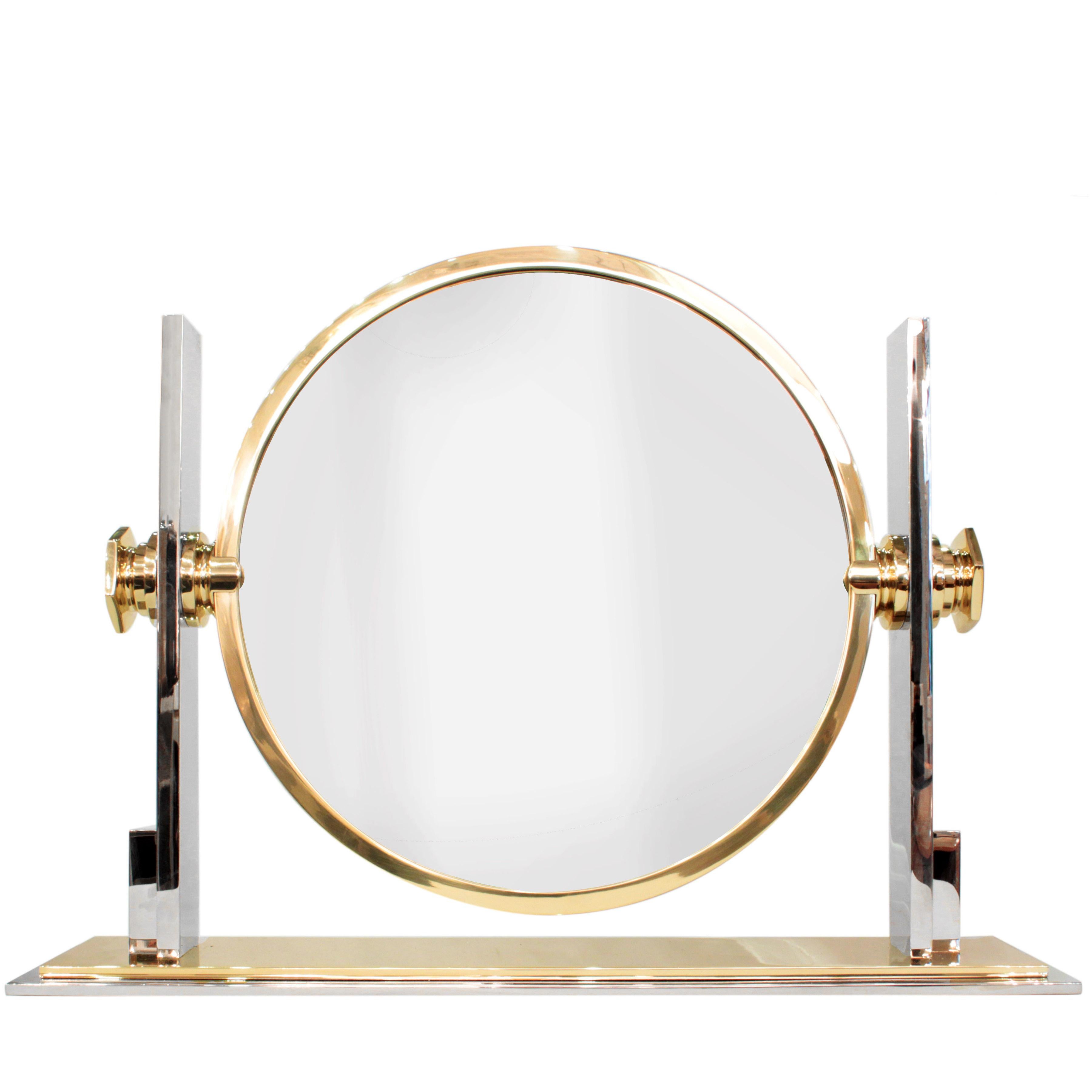Modern Karl Springer Fine Large Vanity Mirror in Polished Brass and Chrome 1980s