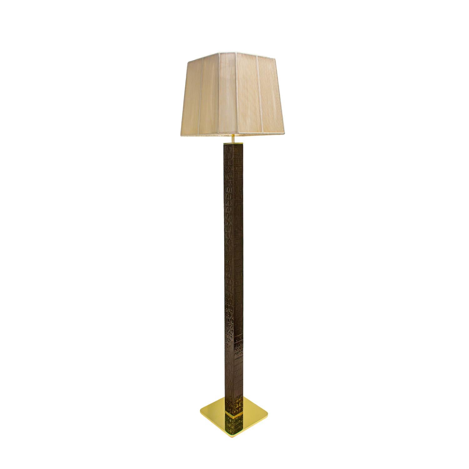 Mid-Century Modern Karl Springer Floor Lamp in Deep Brown Crocodile with Brass Accents 1970s For Sale