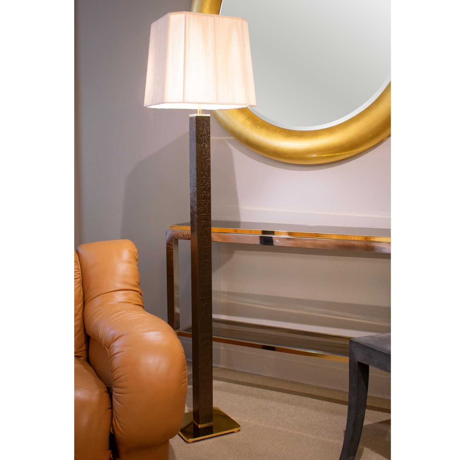 Late 20th Century Karl Springer Floor Lamp in Deep Brown Crocodile with Brass Accents 1970s For Sale