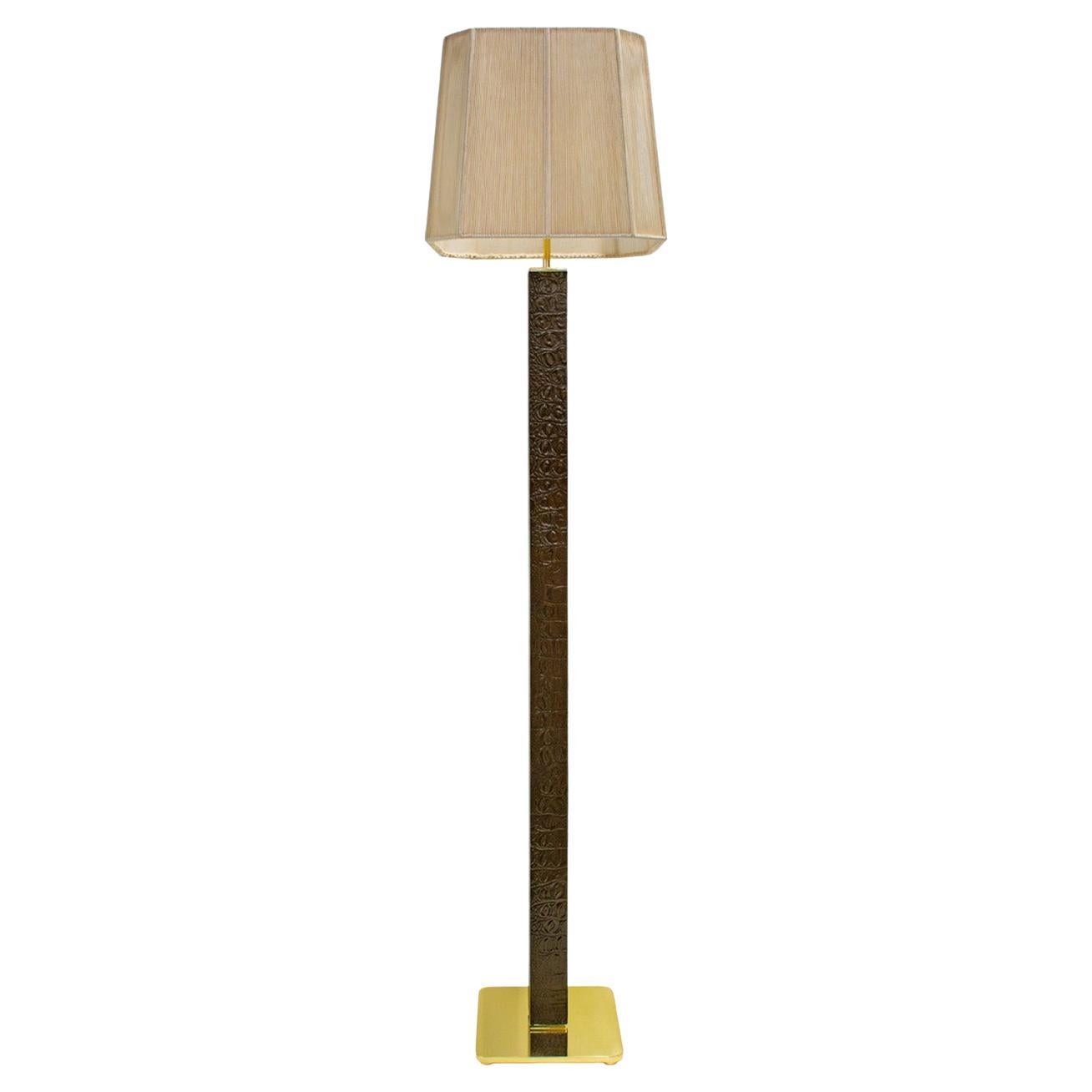 Karl Springer Floor Lamp in Deep Brown Crocodile with Brass Accents 1970s For Sale