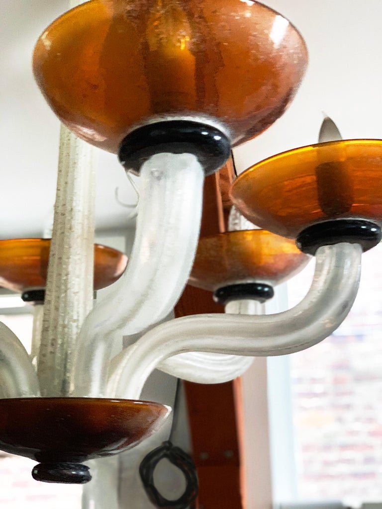 Karl Springer Seguso Fluted Cream and Amber Scavo Murano Glass Chandelier, 1980 Karl Springer Seguso Fluted Cream and Amber Scavo Murano Glass Chandelier, 1980