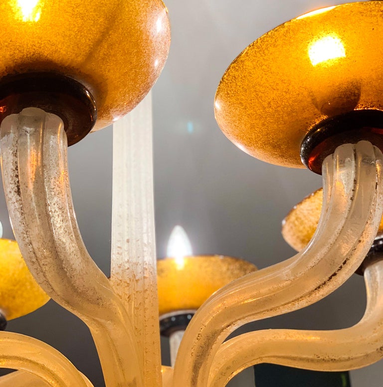 Karl Springer Seguso Fluted Cream and Amber Scavo Murano Glass Chandelier, 1980 Karl Springer Seguso Fluted Cream and Amber Scavo Murano Glass Chandelier, 1980