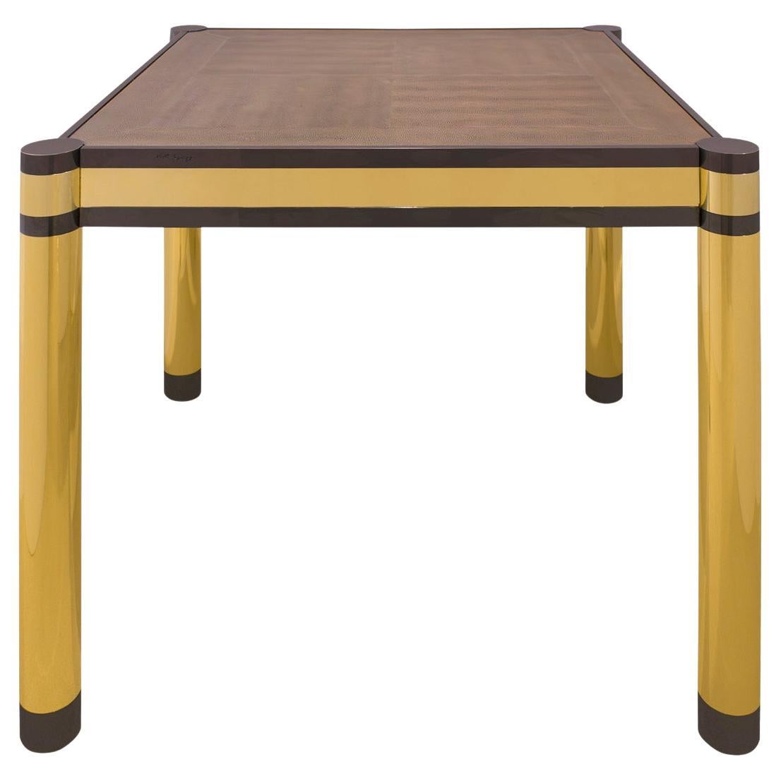 Table de jeu Karl Springer en laiton et bronze avec cuir de lézard des années 1980 (signé)