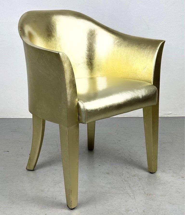 Mid-Century Modern Karl Springer Gilt Leather Tulip Armchair Lounge Chair, Signed, 1991, Gold, USA. For Sale