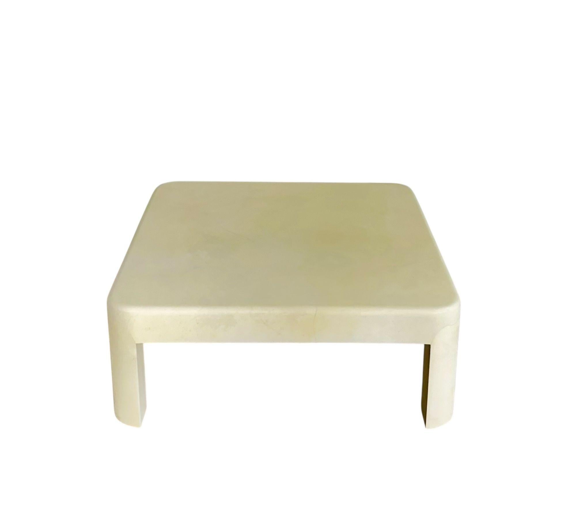 Karl Springer Goatskin Coffee/Cocktail Table, 1980s.  Original with no label
Measures 16.75” tall 42” x 42”