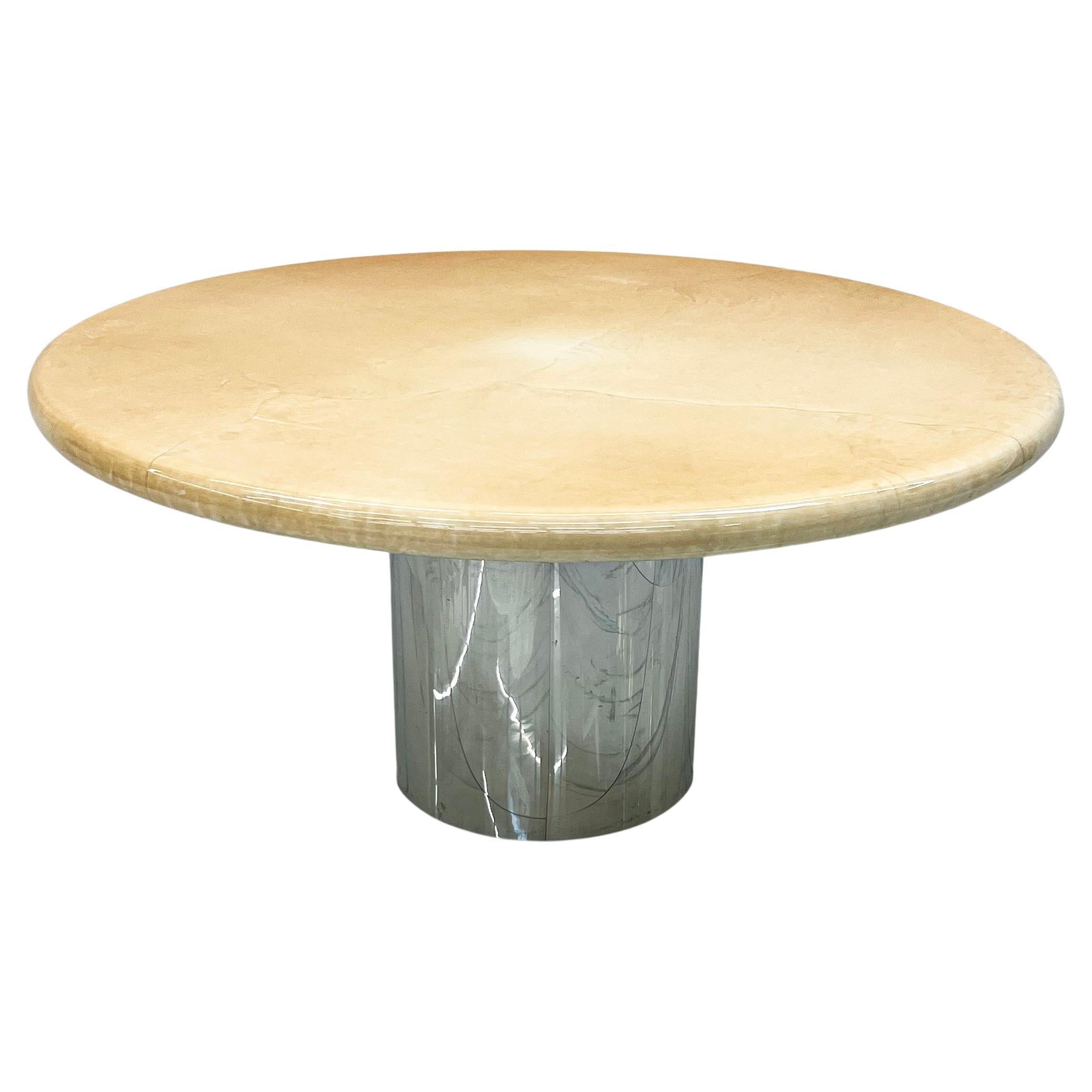 Table de salle à manger en peau de chèvre Karl Springer avec base tambour chromée personnalisée