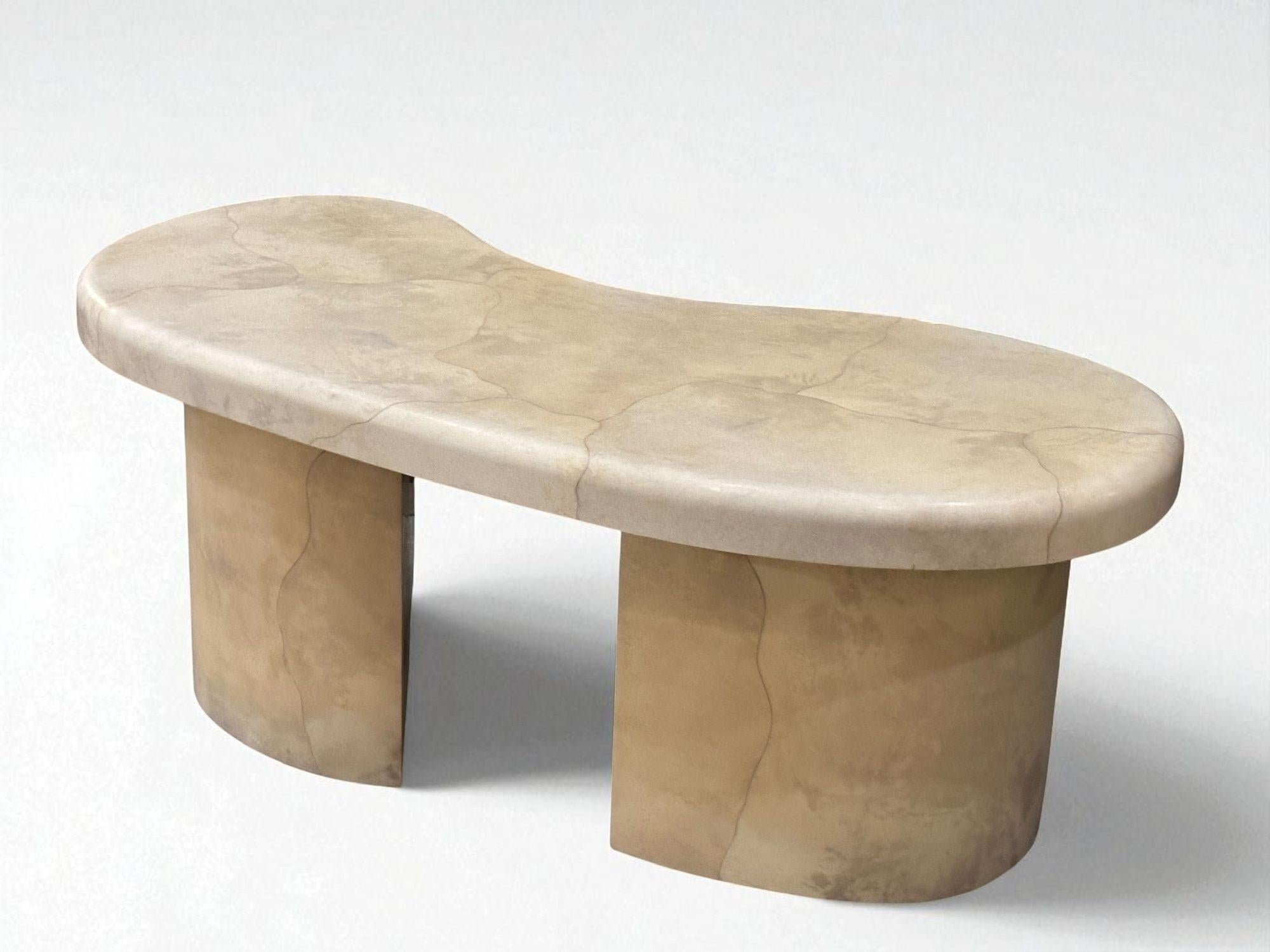 Rare Karl Springer Goatskin Freeform Desk with/1 drawer, 1988.  Original beautiful condition. Very few of these Freeform Desk’s were made
Measures 29.5” tall 76” wide 38” deep