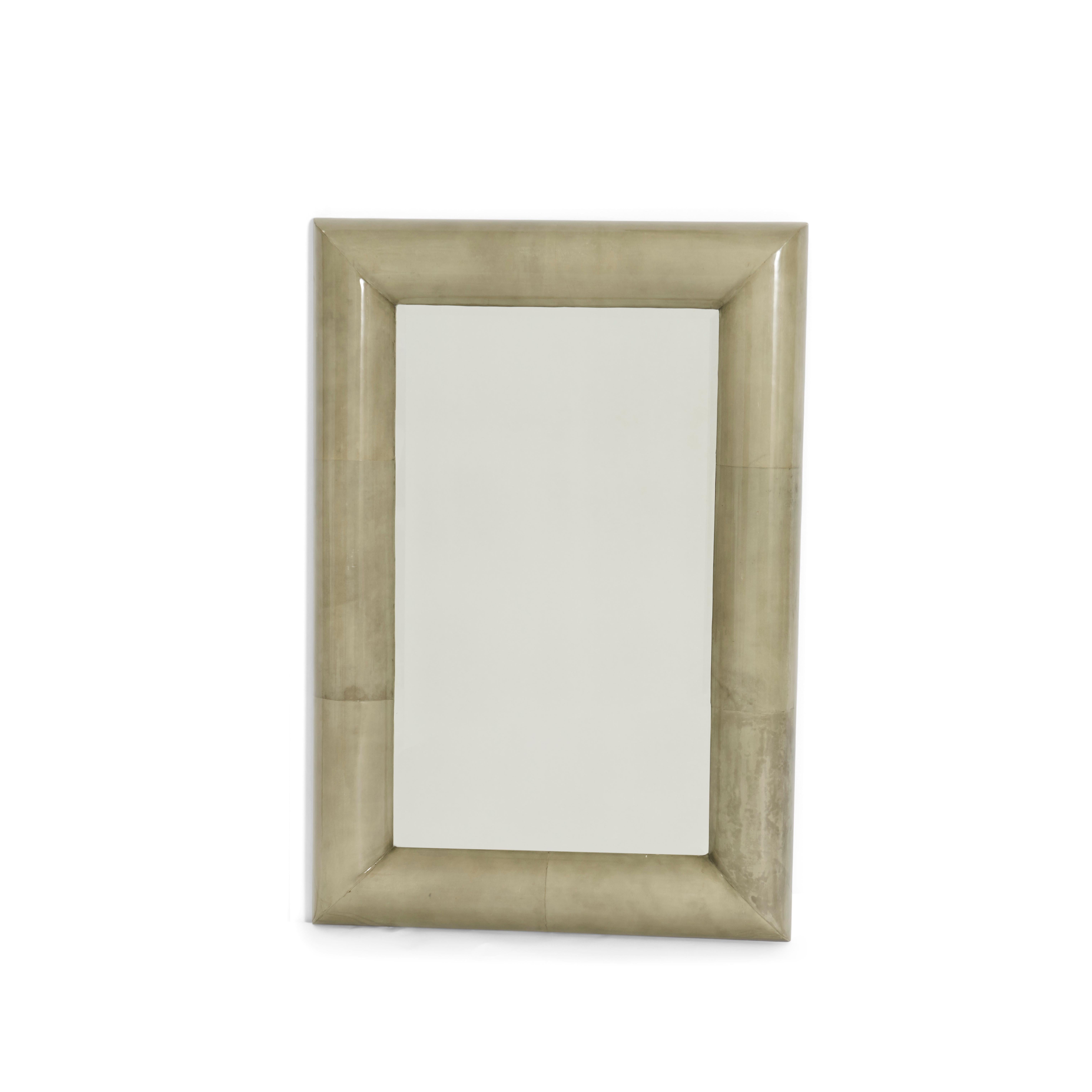 Goatskin mirror by Karl Springer, circa 1980s. Goatskin finished in grey tone.