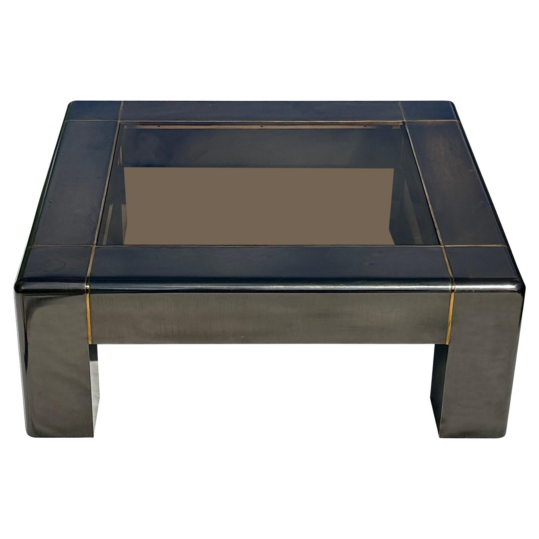 Table basse postmoderne Karl Springer en laiton bronze avec plateau en verre fumé en vente
