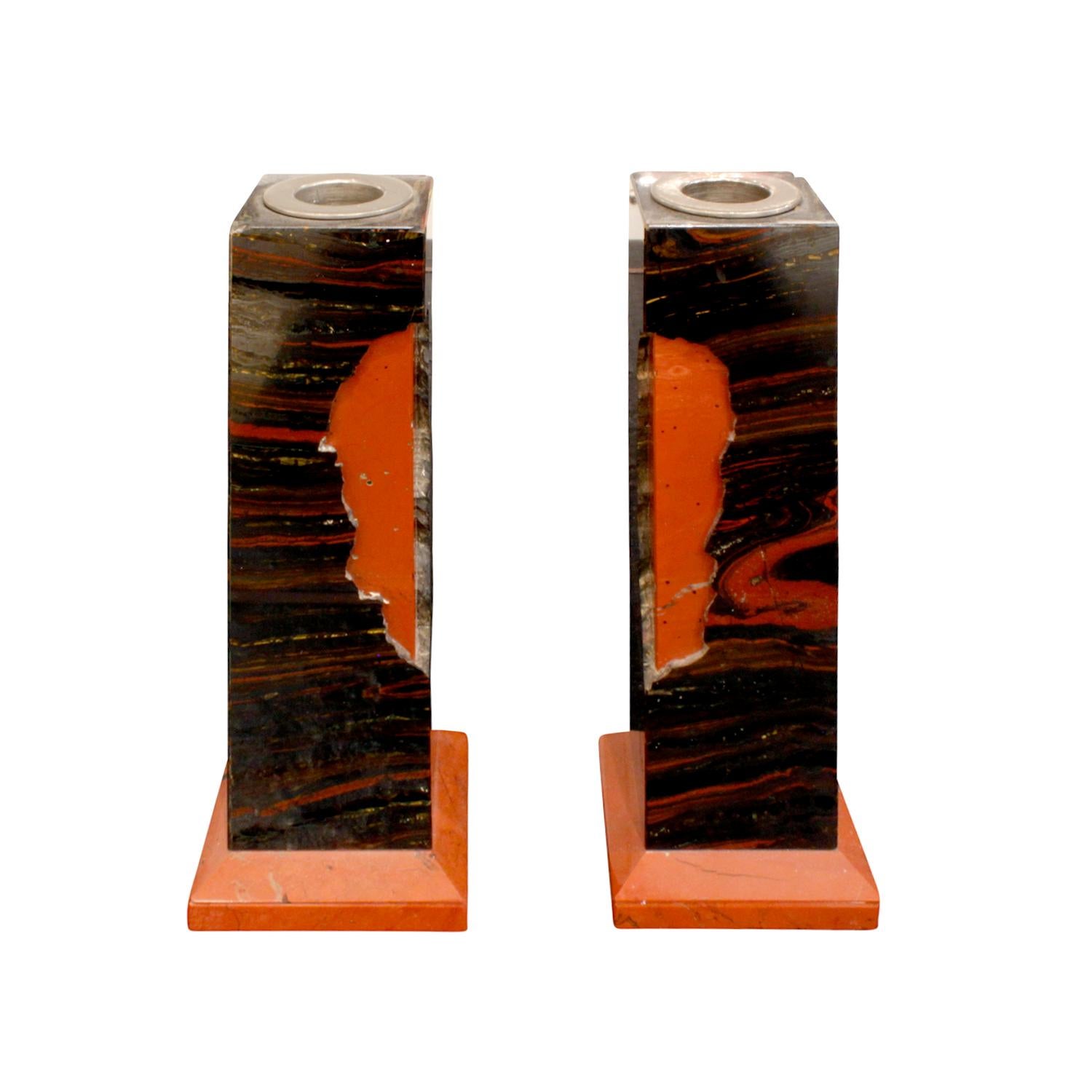 Karl Springer Hinged Box and Matching Candleholders in Red Jasper, 1980s 3