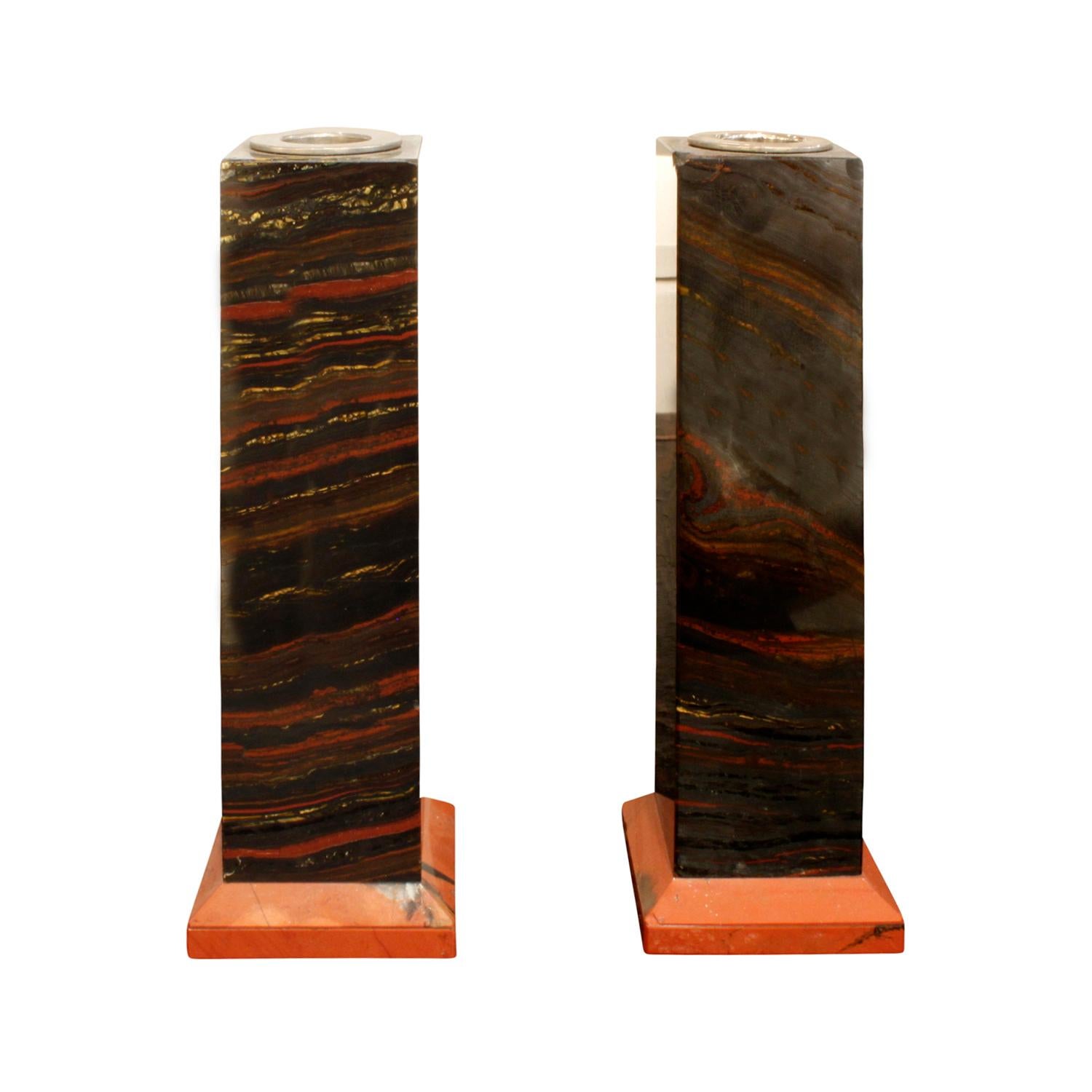 Karl Springer Hinged Box and Matching Candleholders in Red Jasper, 1980s 5