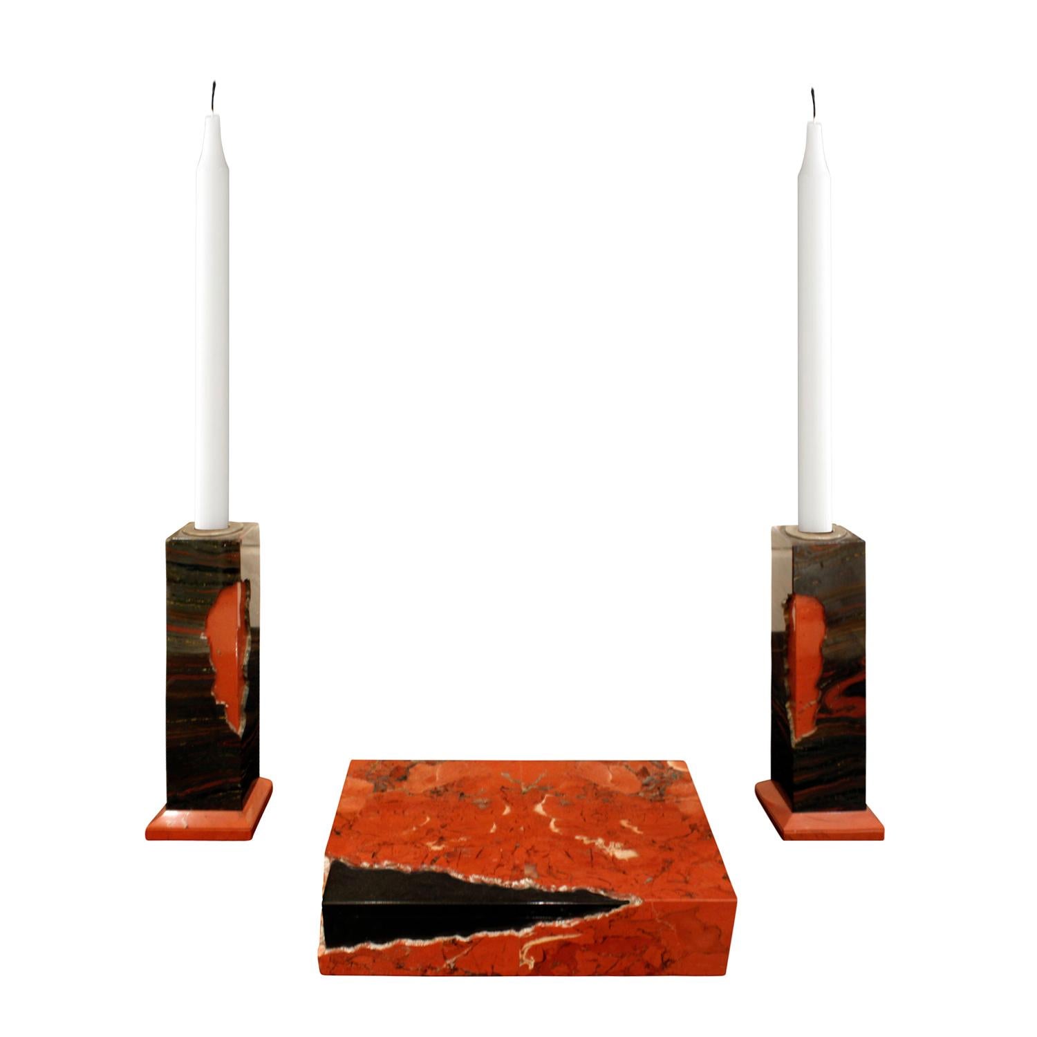 Karl Springer Hinged Box and Matching Candleholders in Red Jasper, 1980s