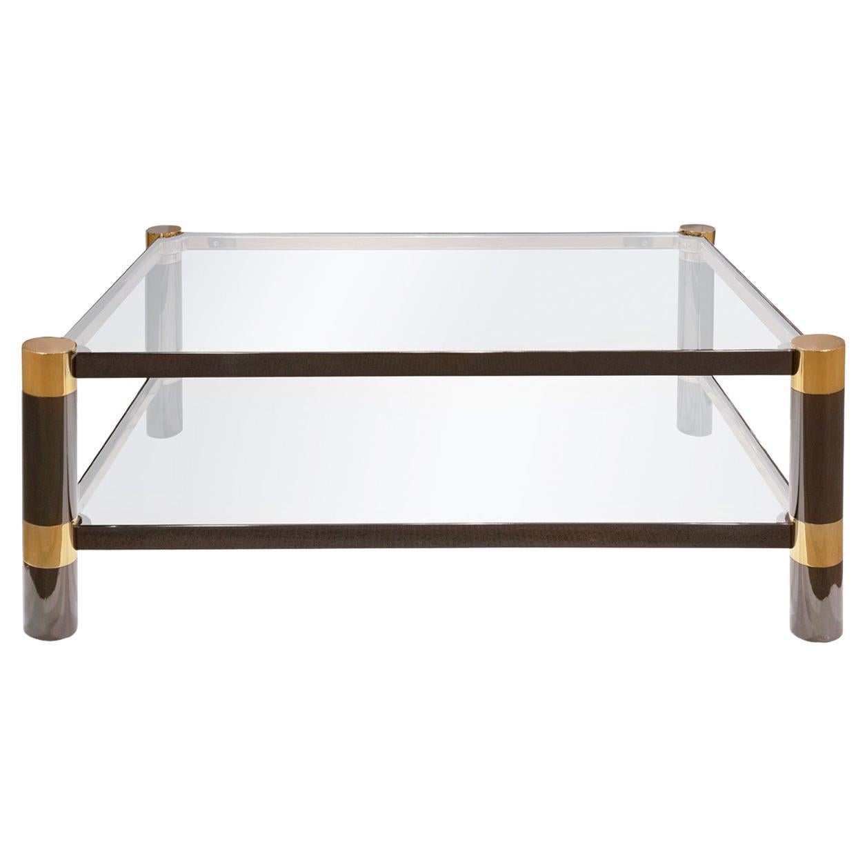 Karl Springer Iconic "Round Leg Coffee Table" in Gunmetal and Brass, 1980s