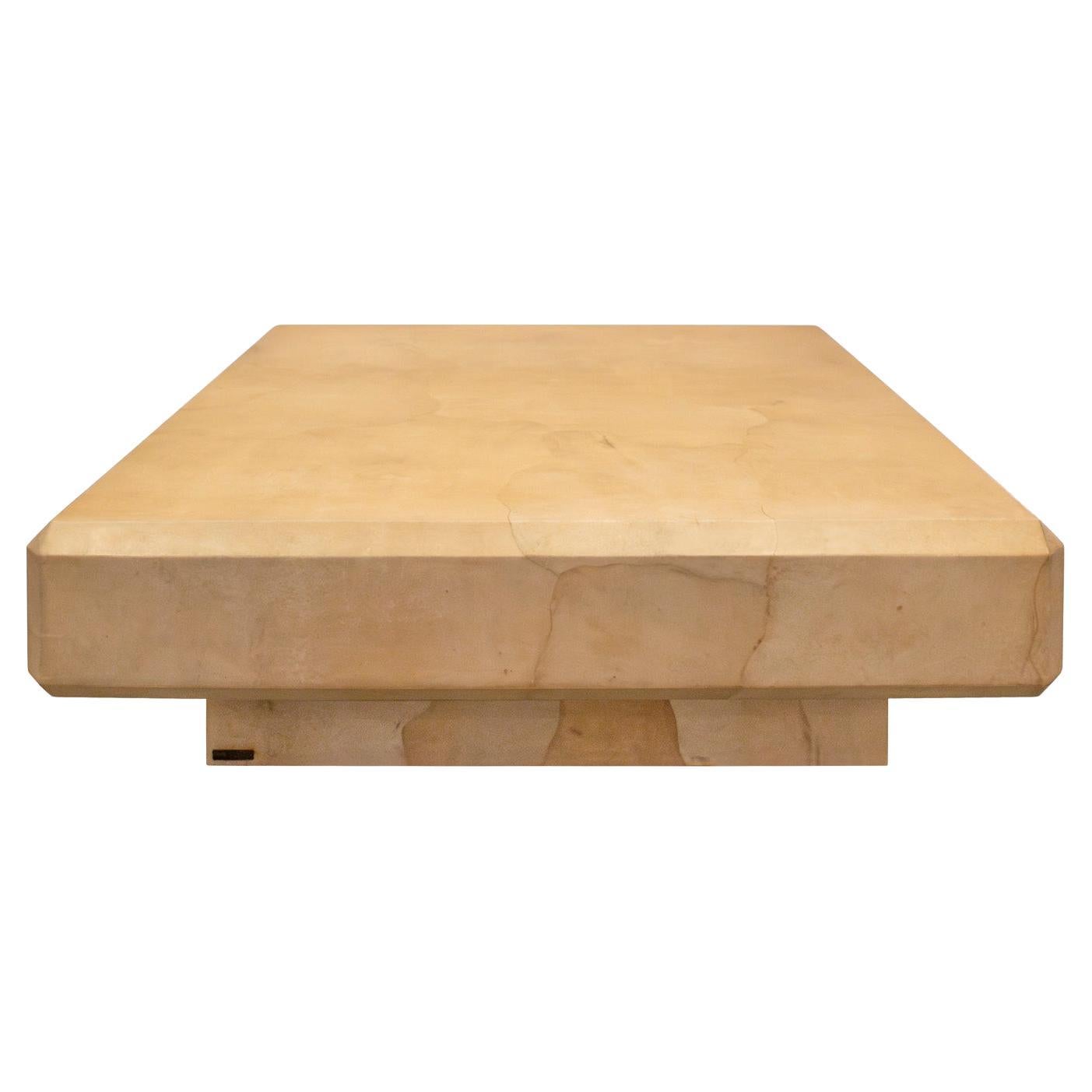Karl Springer Beeindruckender Couchtisch aus lackiertem Ziegenleder 1980er Jahre (Signiert)