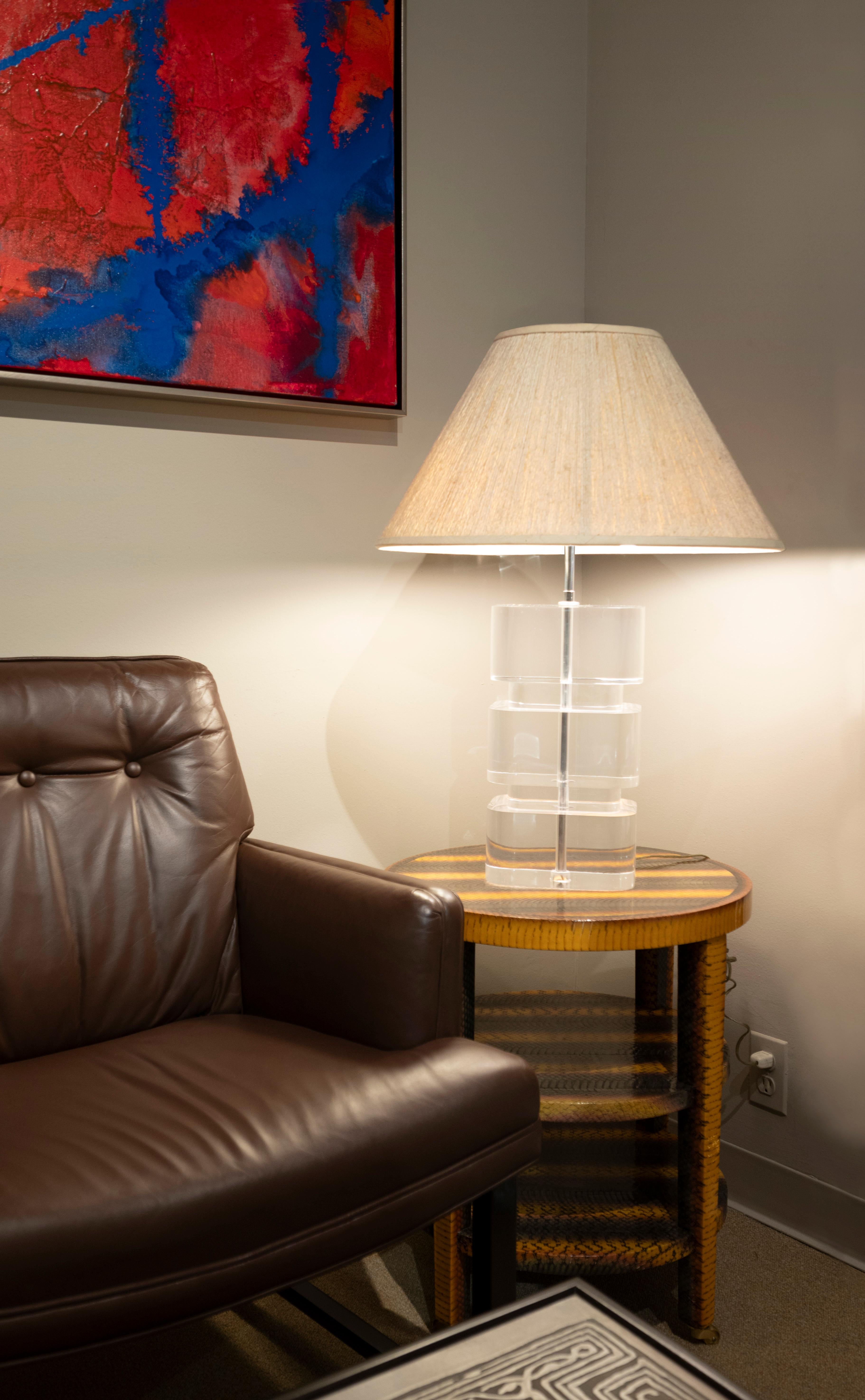 Hand-Crafted Karl Springer Impressive Stacked Lucite Table Lamp 1980s For Sale
