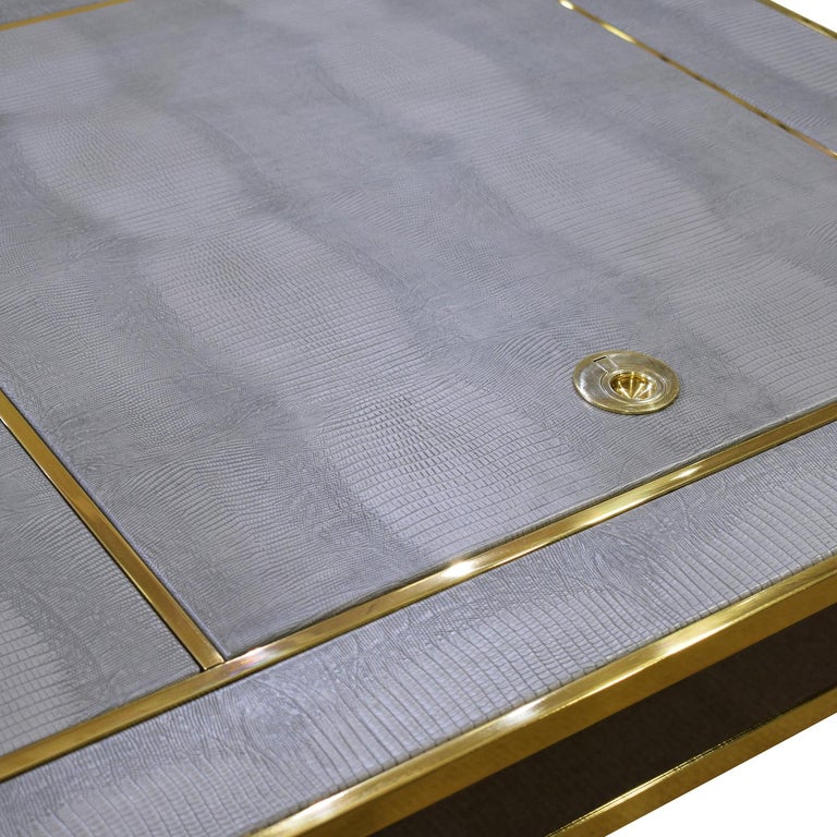 Embossed Karl Springer Incredible “Square Leg Game Table” in Gunmetal and Brass, 1970s