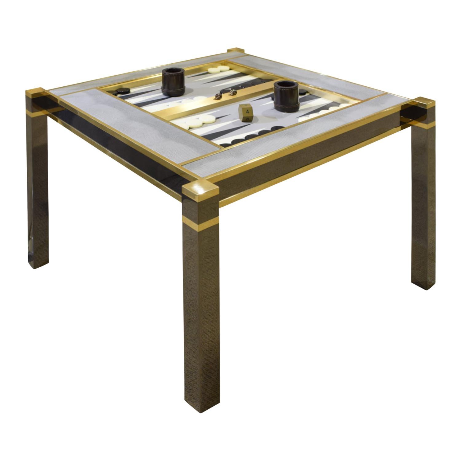 Karl Springer Incredible “Square Leg Game Table” in Gunmetal and Brass, 1970s