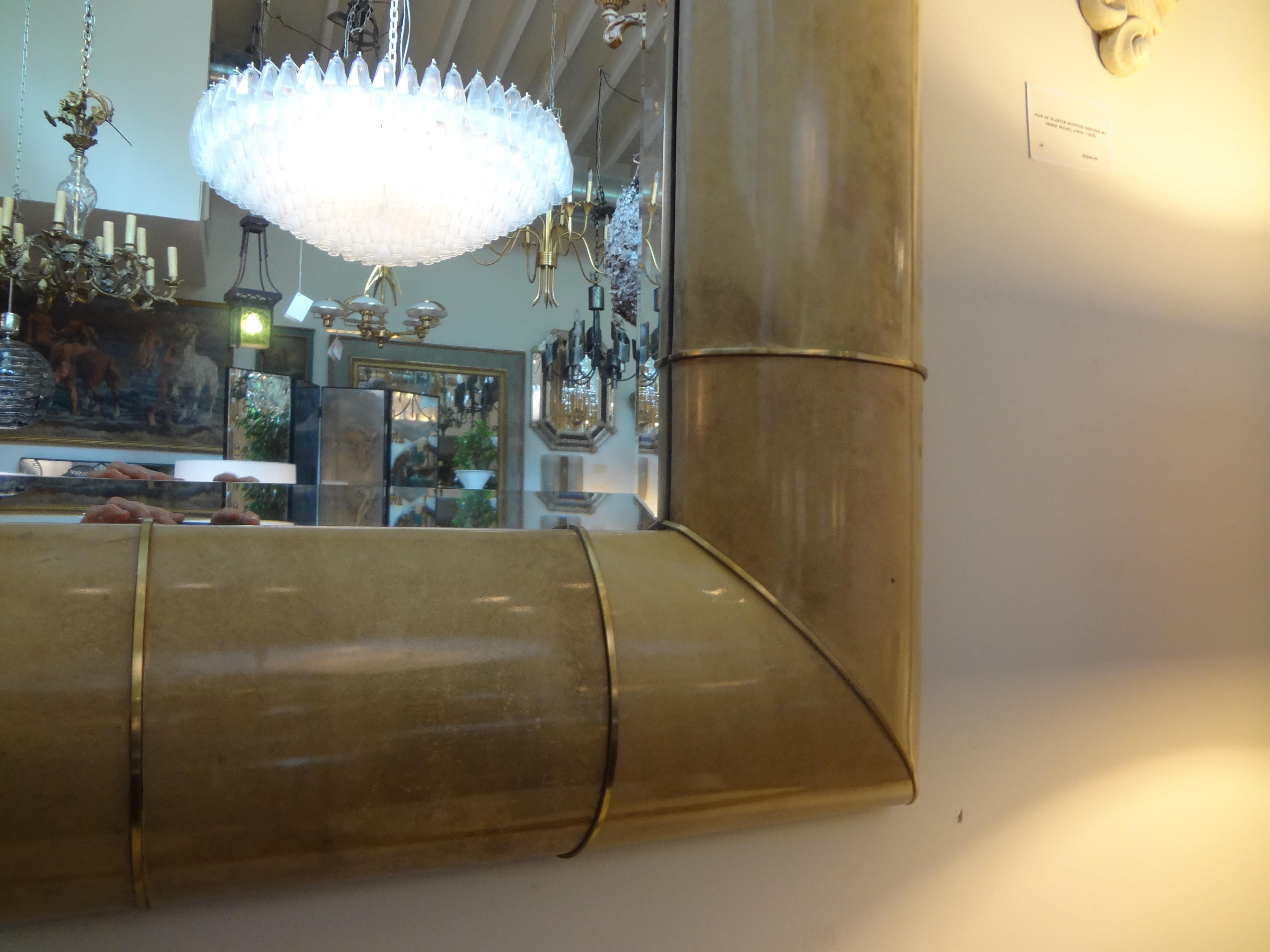Late 20th Century Karl Springer Inspired Goatskin and Brass Beveled Mirror