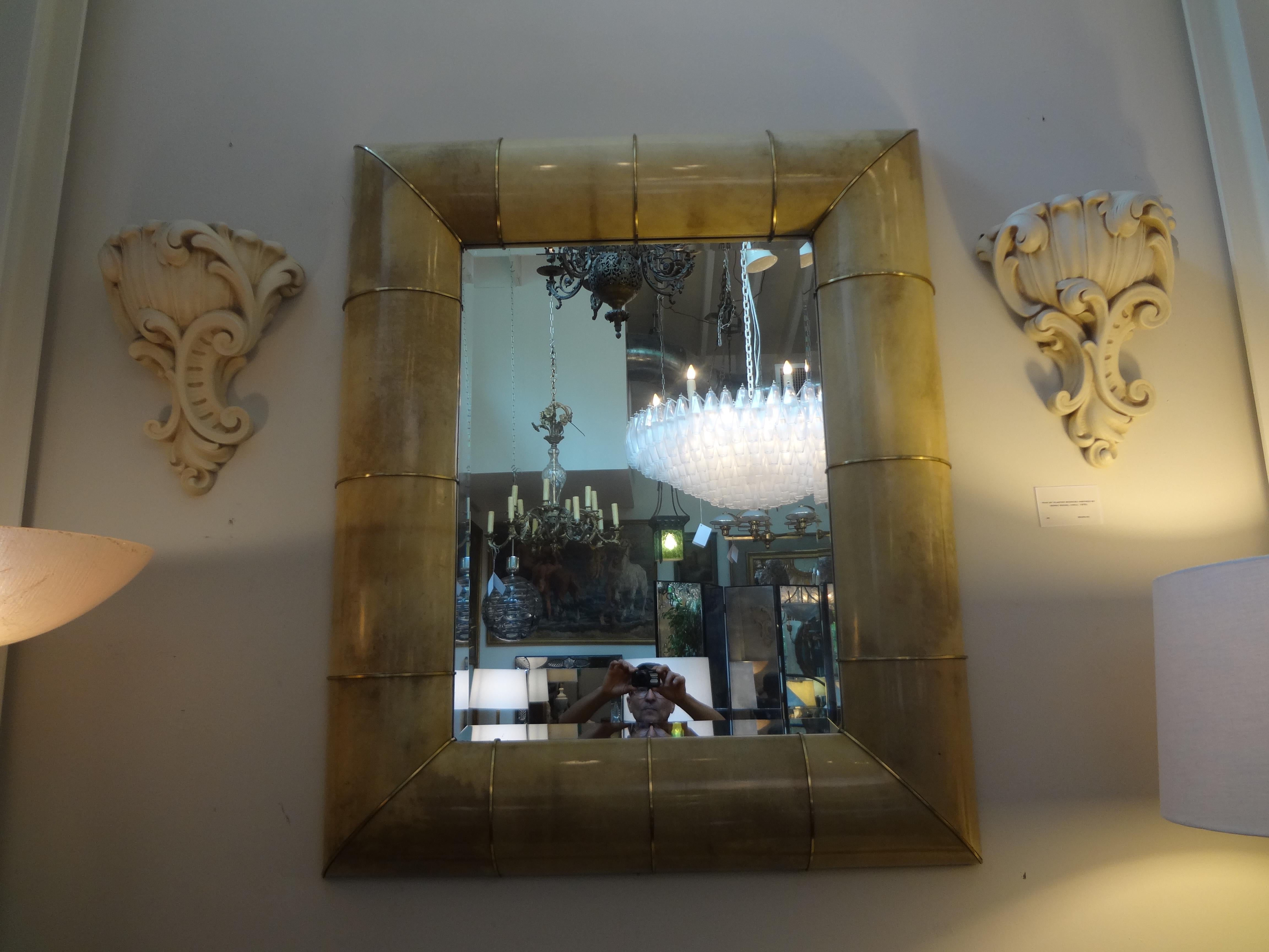 Karl Springer Inspired Goatskin and Brass Beveled Mirror 3
