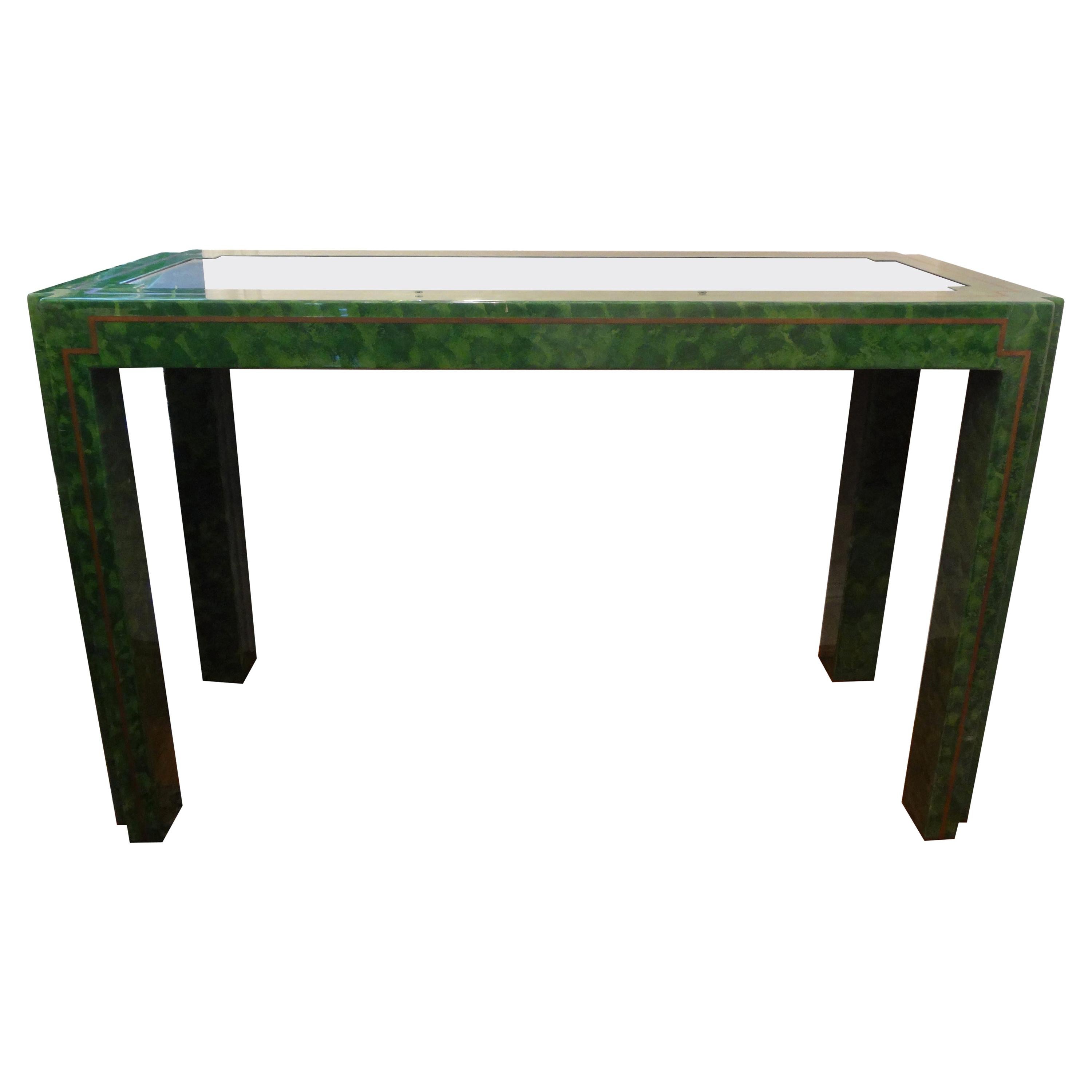 Karl Springer Inspired Green Lacquer and Brass Console Table