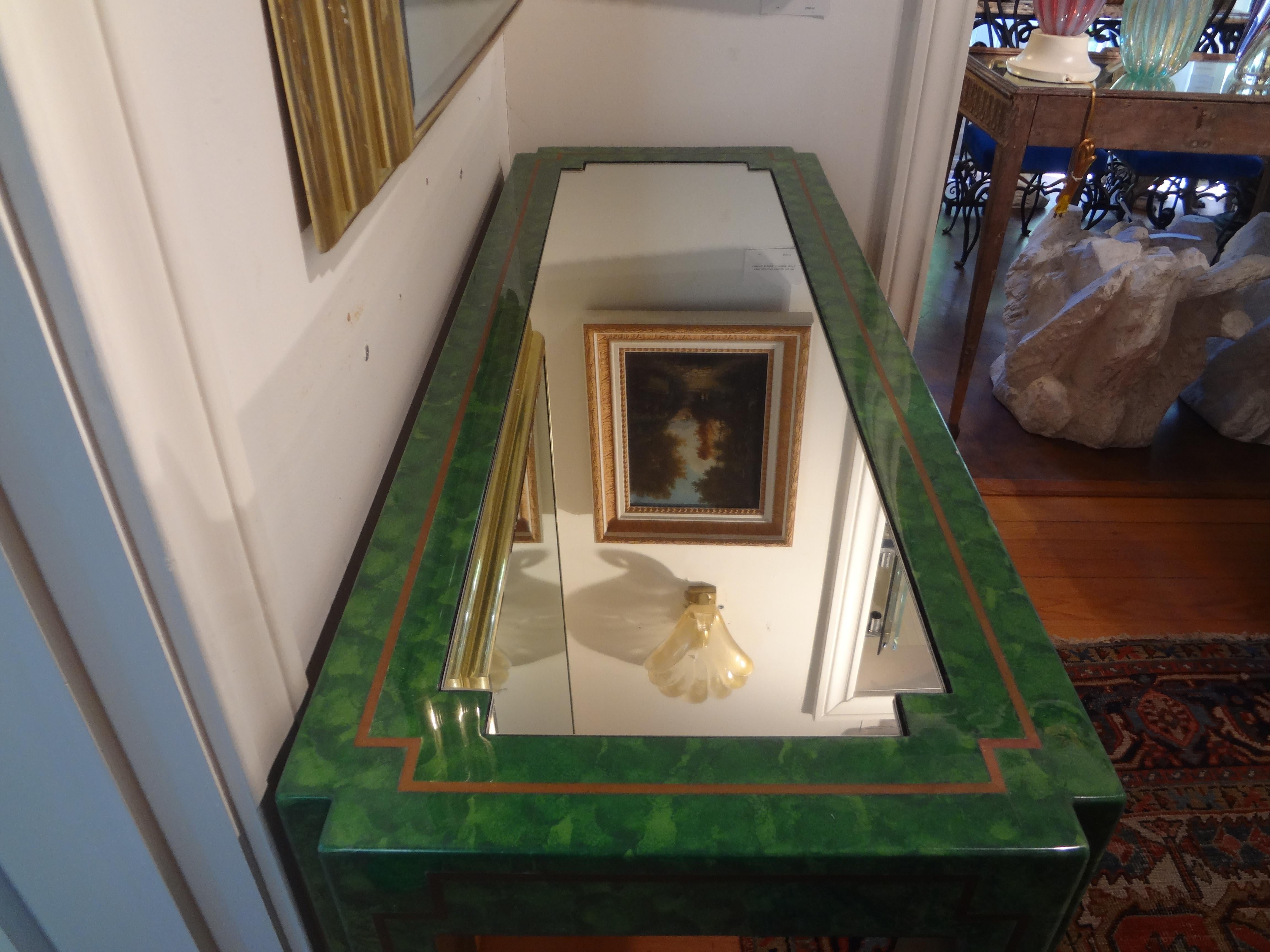 Green Lacquer and Brass Console Table For Sale 6