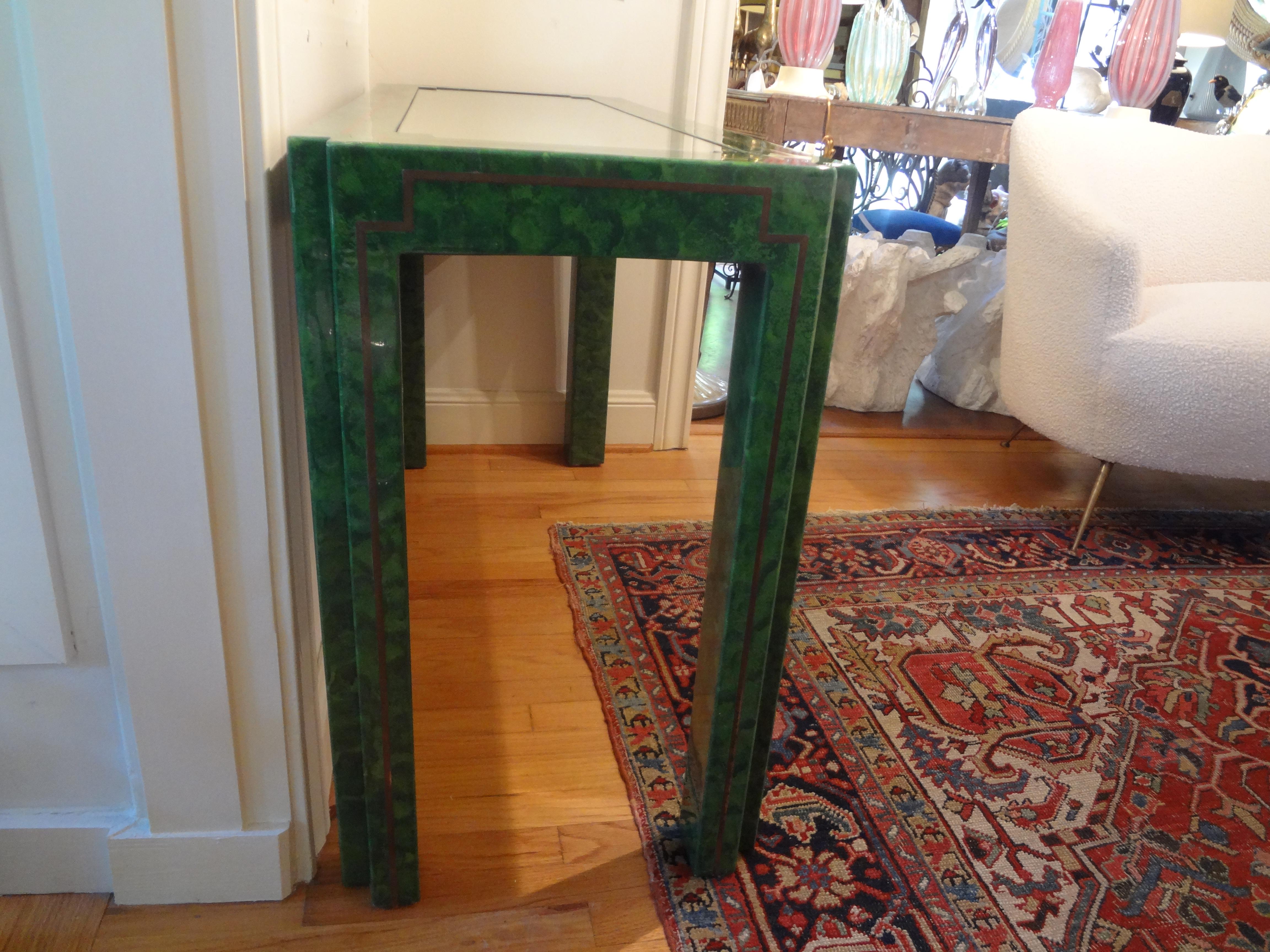 Green Lacquer and Brass Console Table For Sale 7