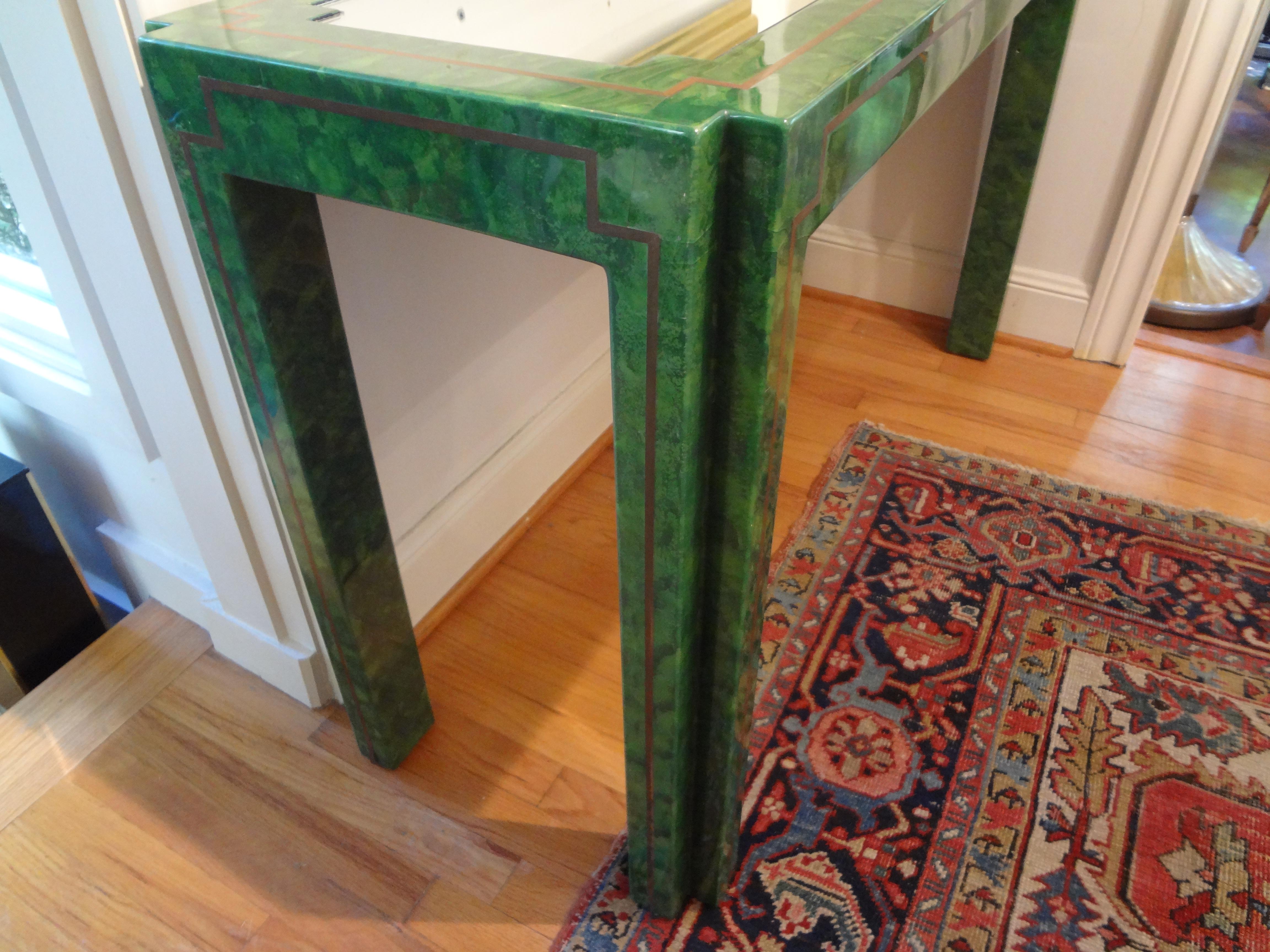 Green Lacquer and Brass Console Table For Sale 8
