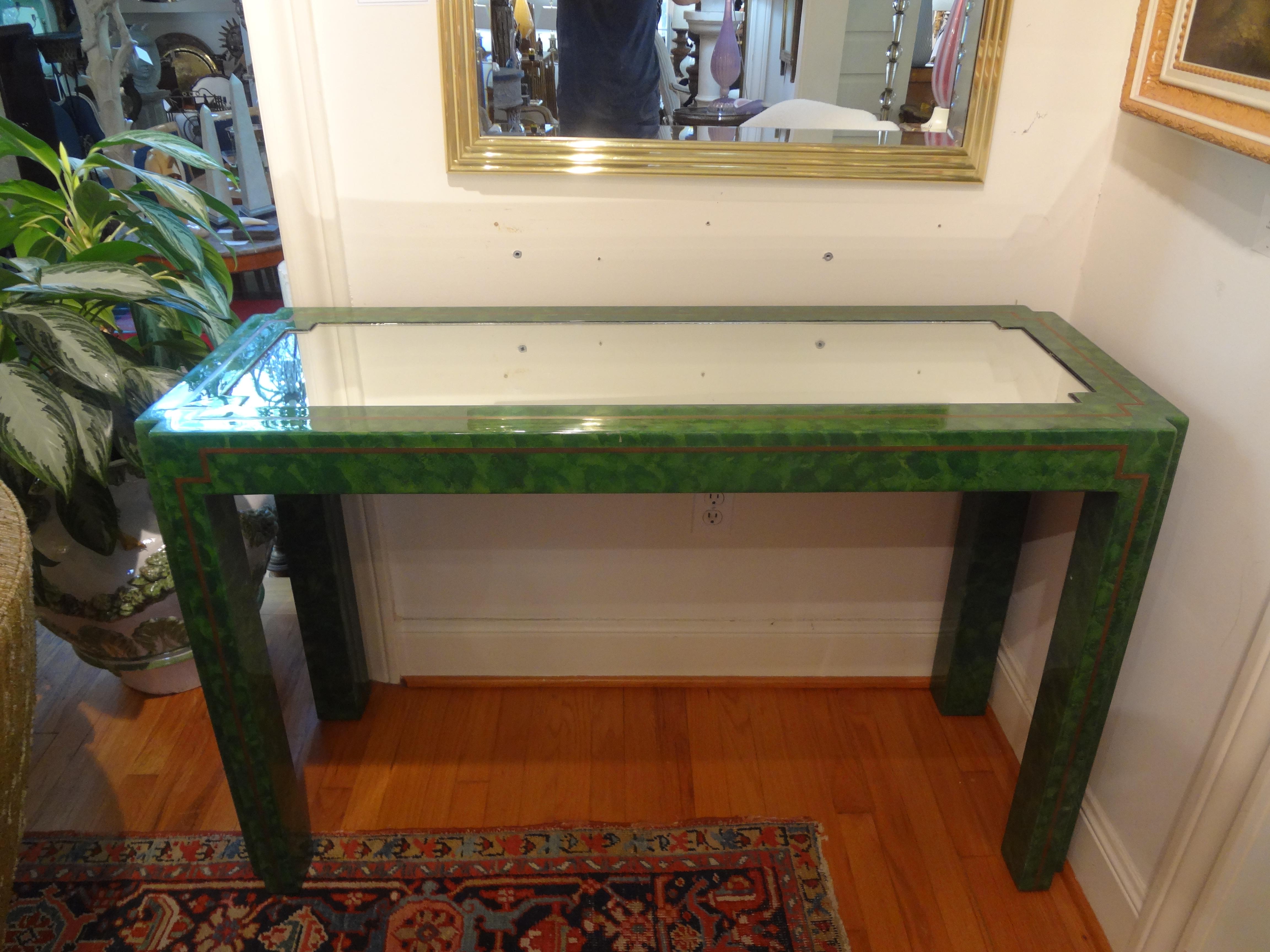 Green Lacquer and Brass Console Table For Sale 9