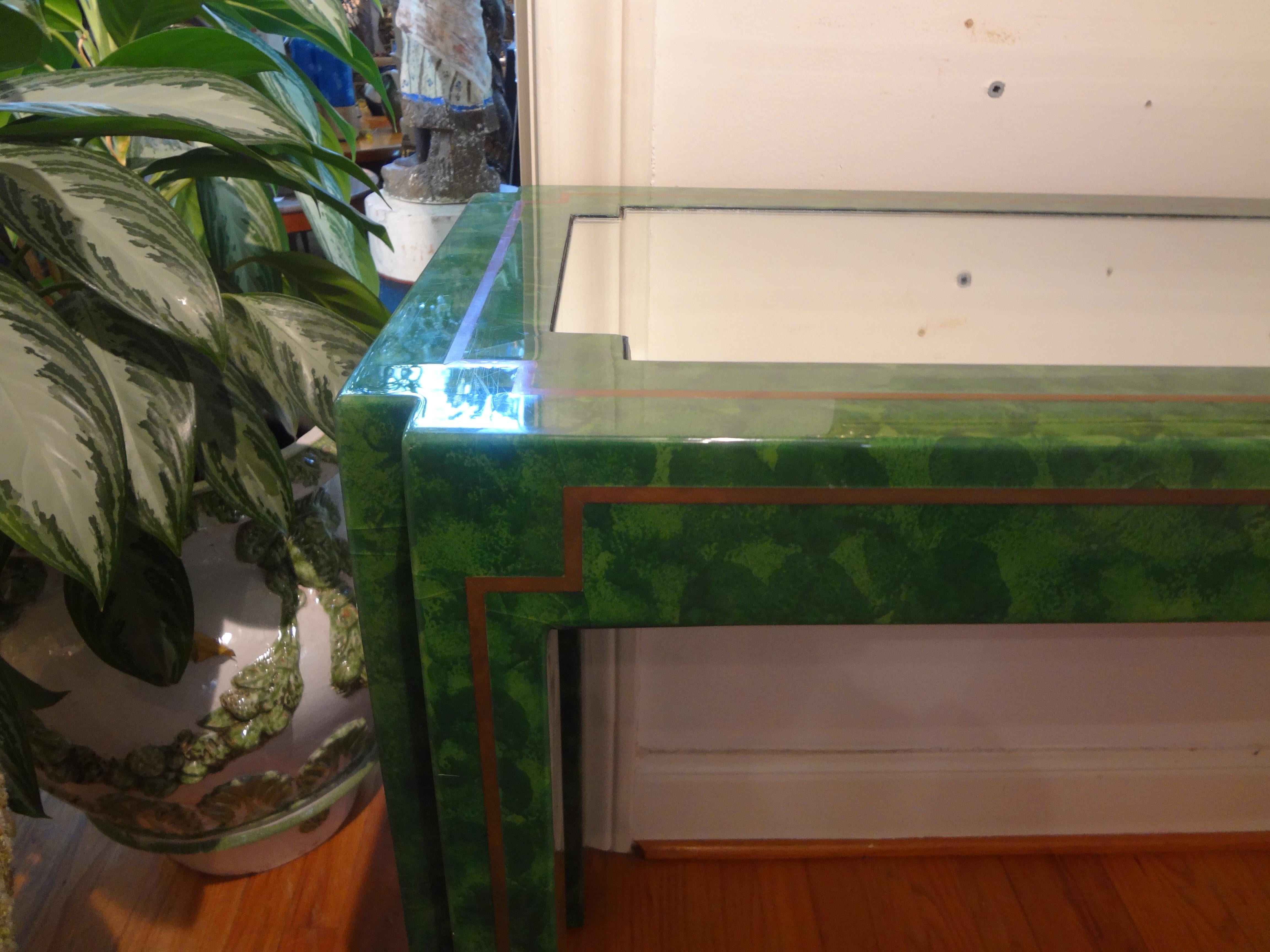 Mid-Century Modern Green Lacquer and Brass Console Table For Sale