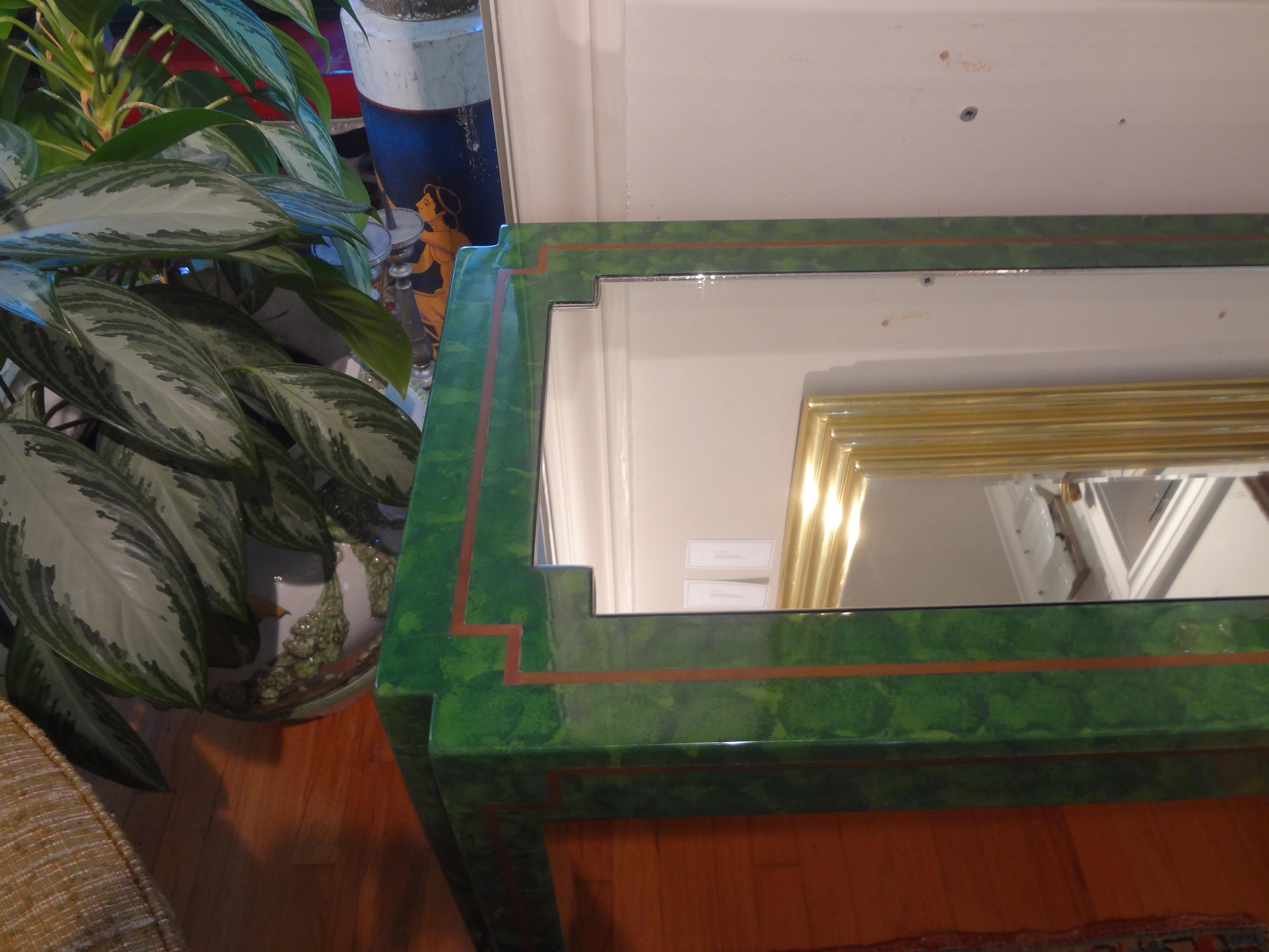 Green Lacquer and Brass Console Table In Good Condition For Sale In Houston, TX