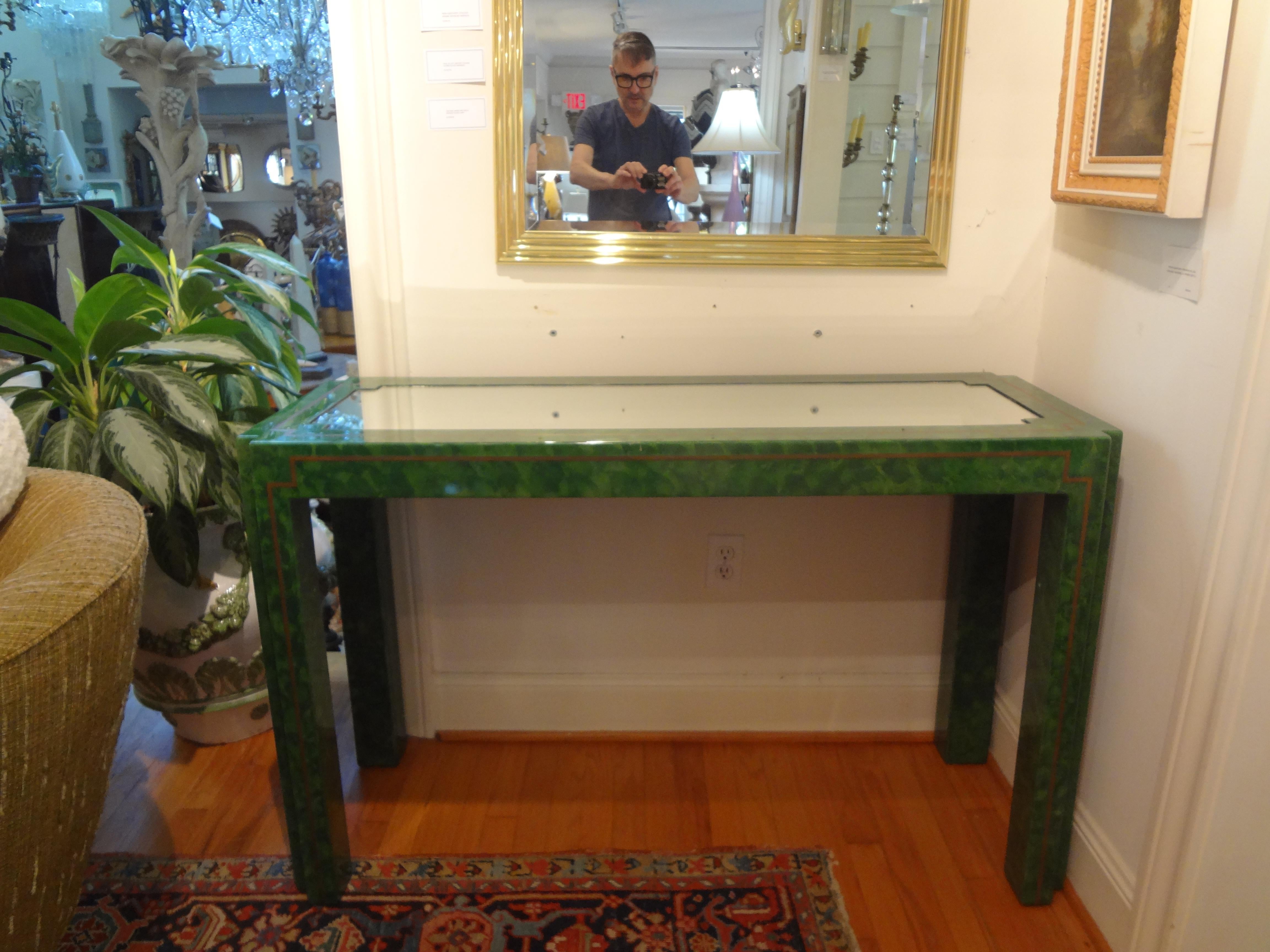 Late 20th Century Green Lacquer and Brass Console Table For Sale