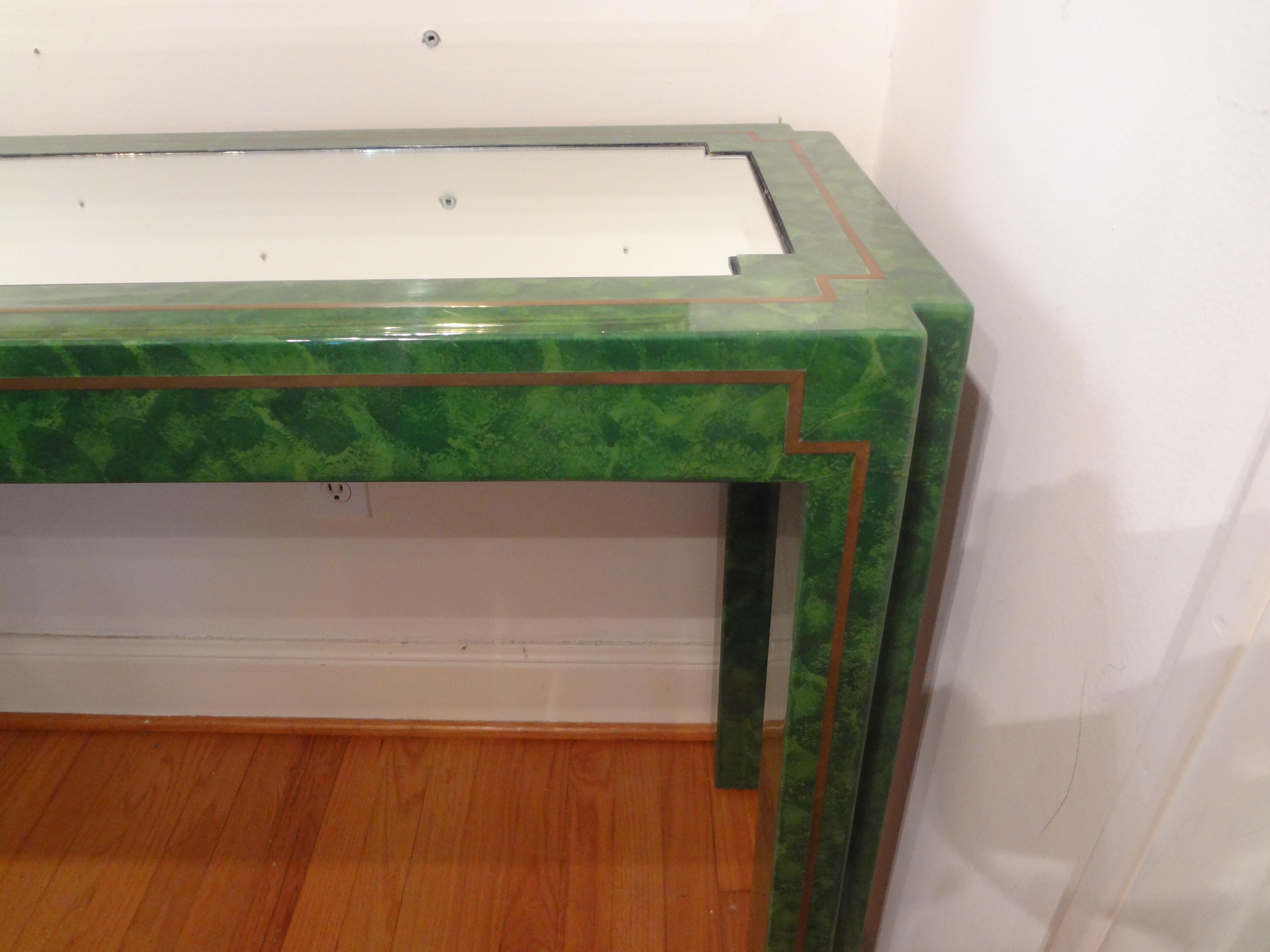 Green Lacquer and Brass Console Table For Sale 1