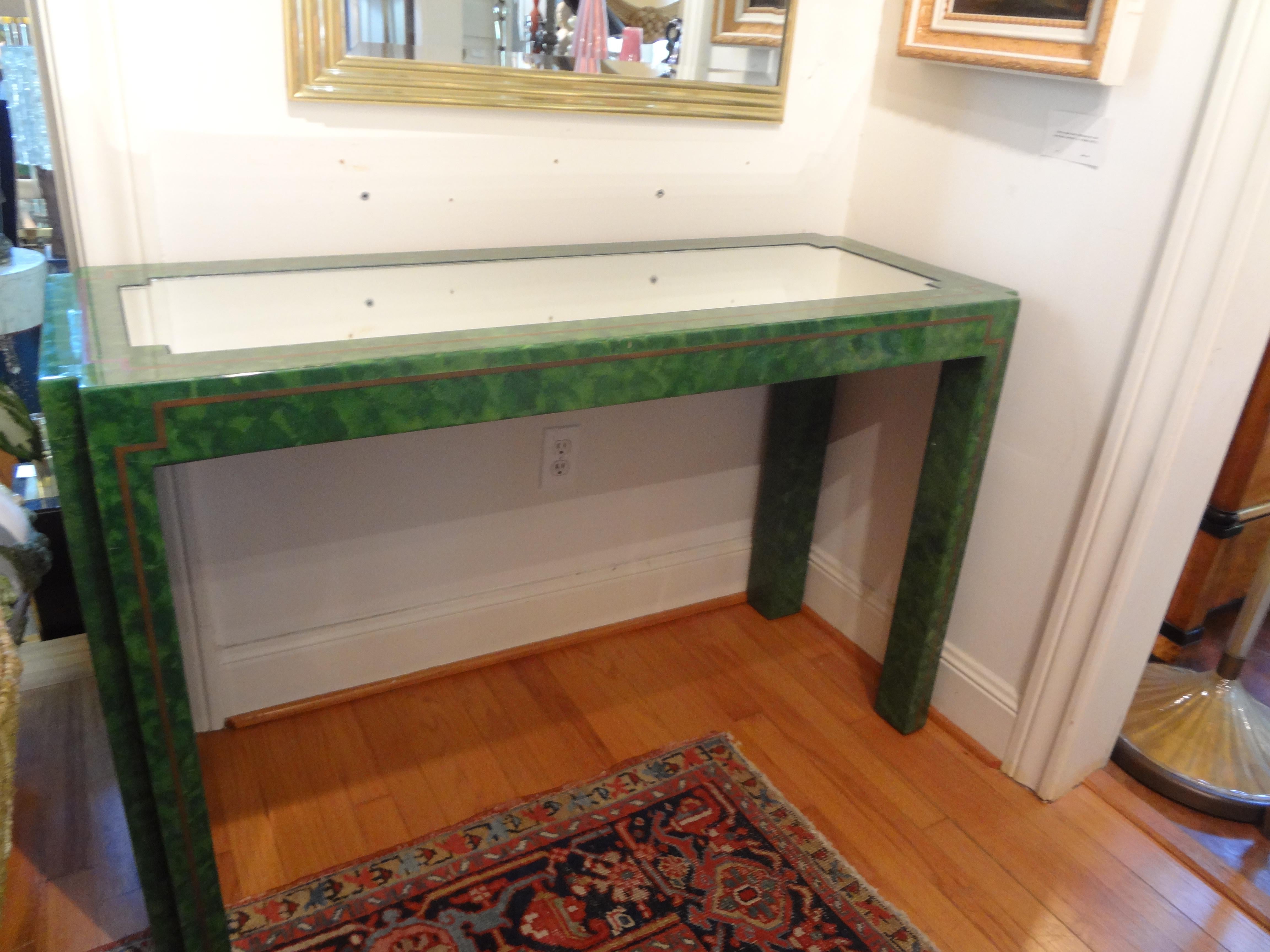 Green Lacquer and Brass Console Table For Sale 2