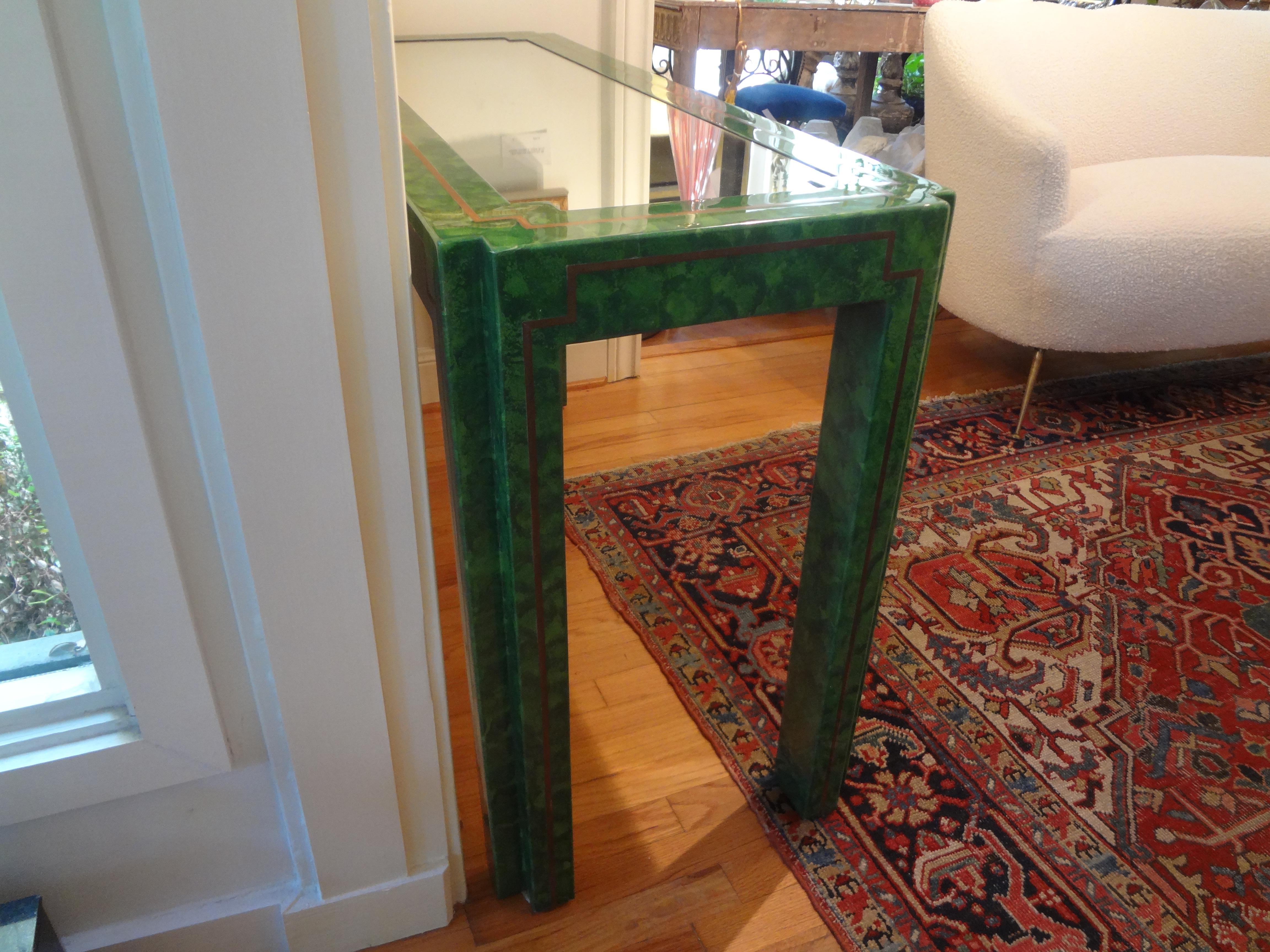 Green Lacquer and Brass Console Table For Sale 4