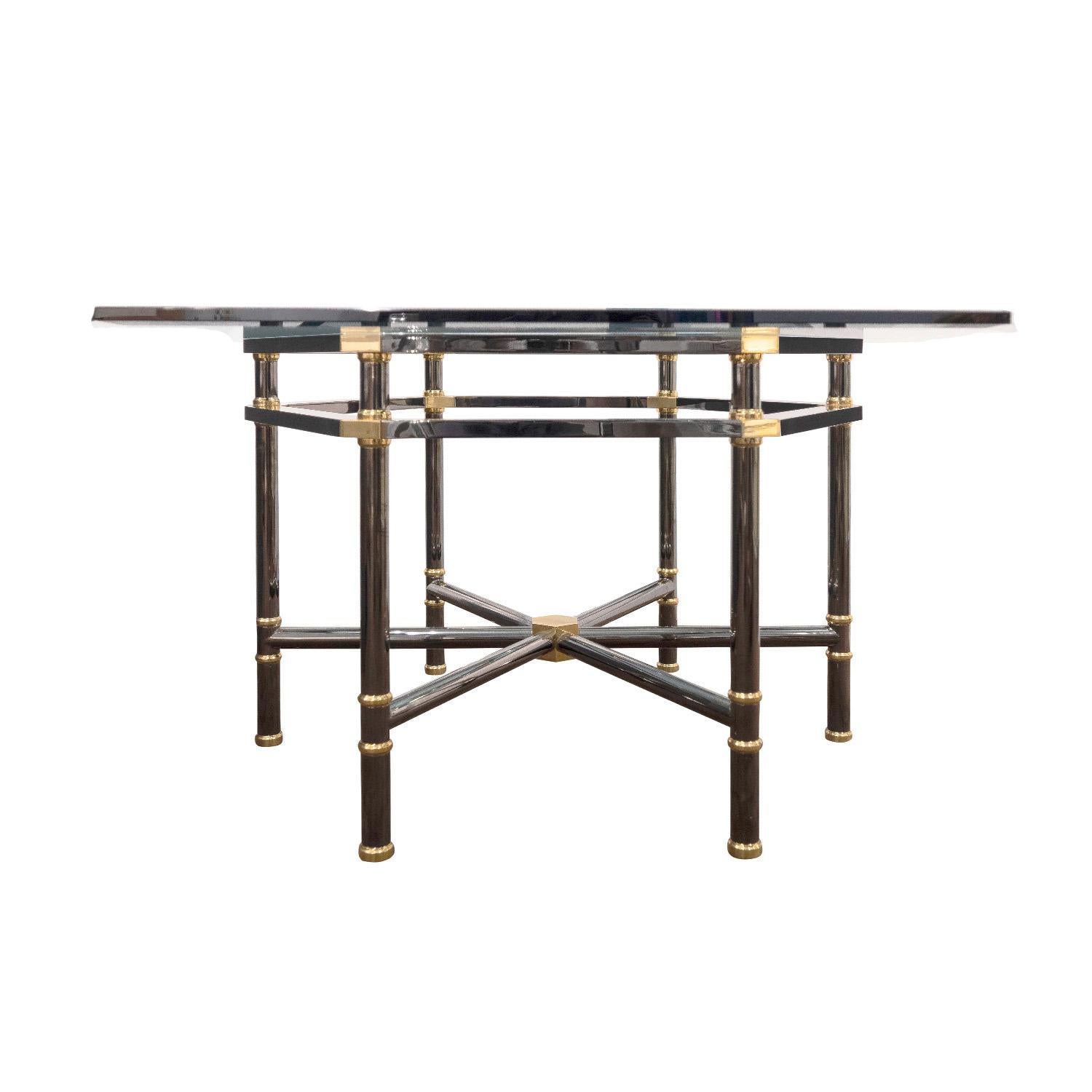 American Karl Springer Jansen Style Dining Table in Polished Gunmetal and Brass 1980s For Sale