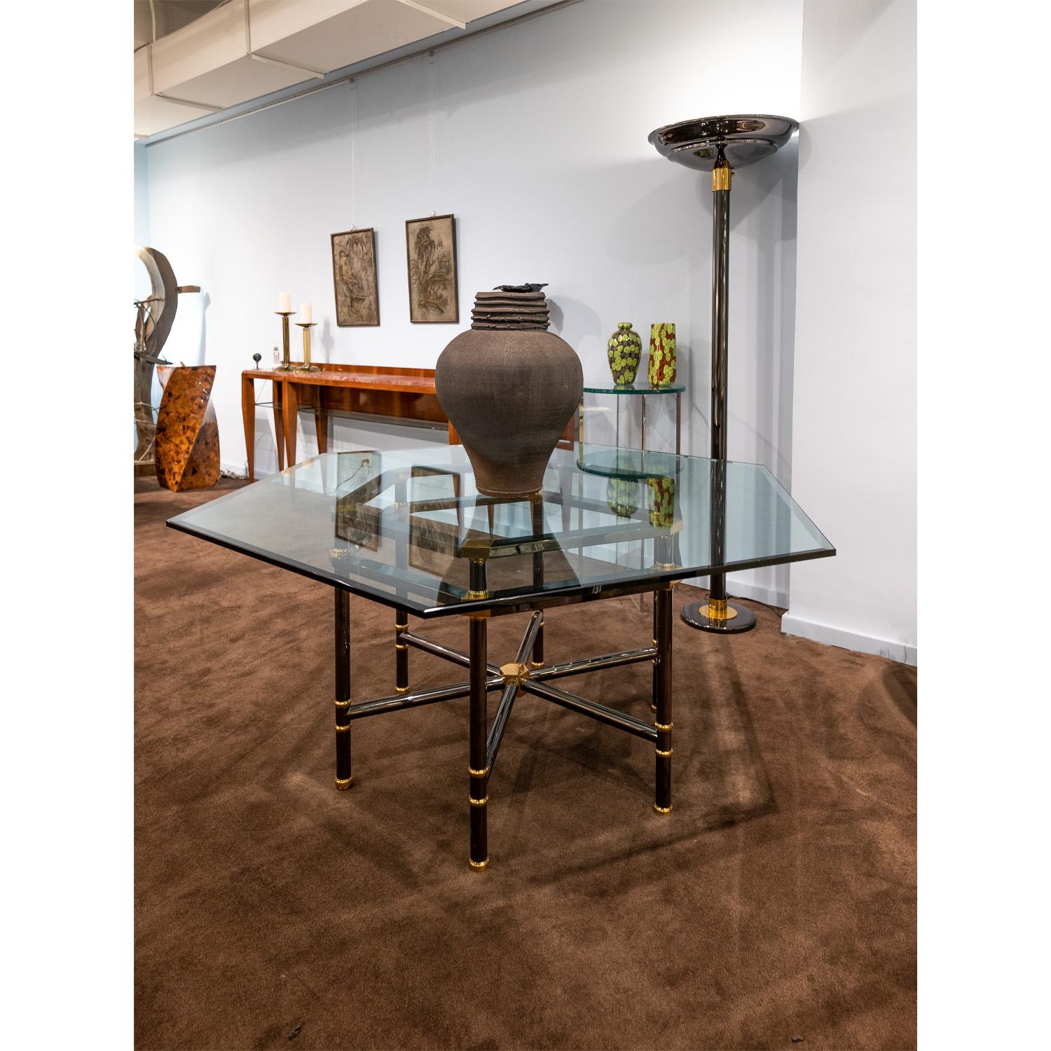 Late 20th Century Karl Springer Jansen Style Dining Table in Polished Gunmetal and Brass 1980s For Sale