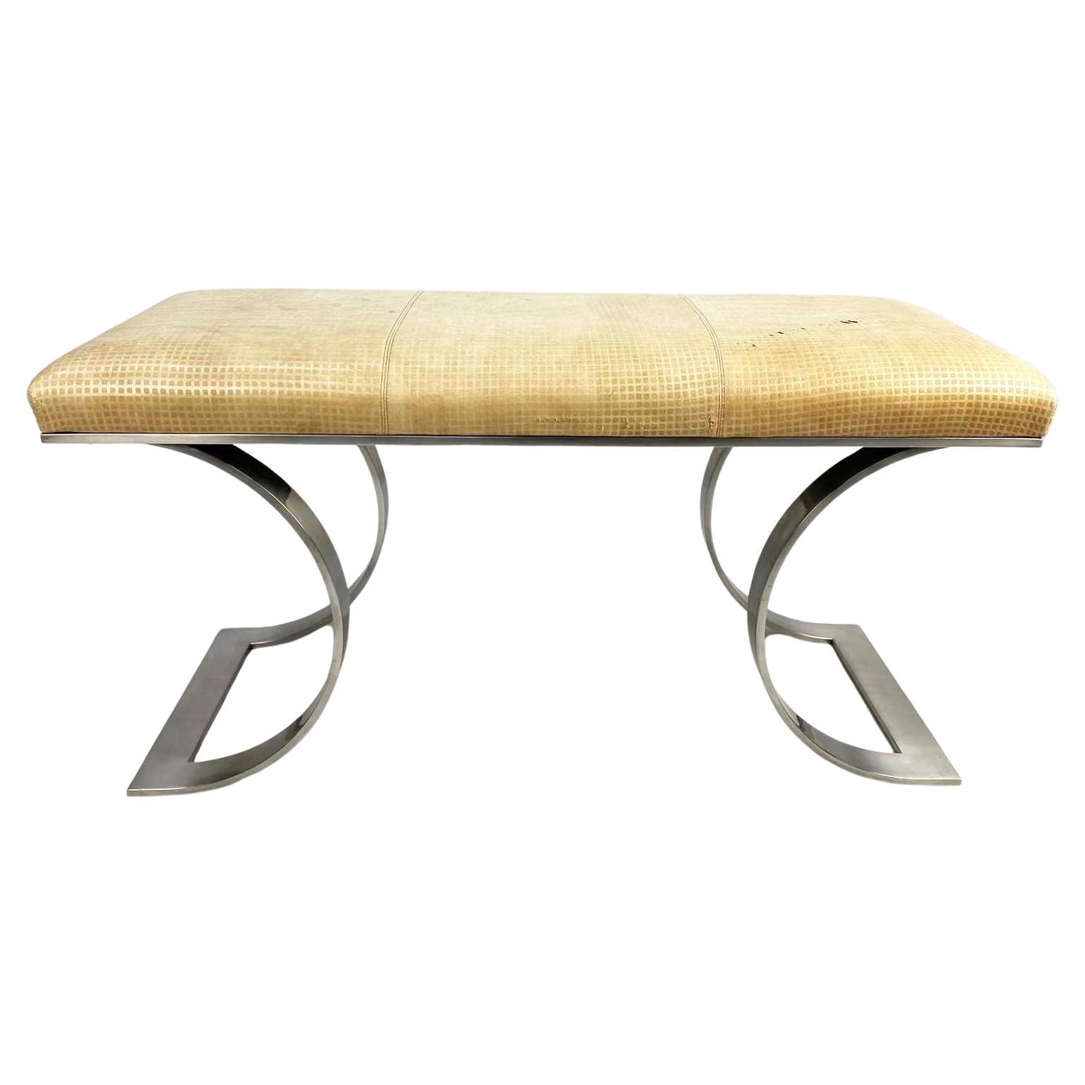 Karl Springer JMF "C" Bench in Stainless Steel with Original Upholstery
