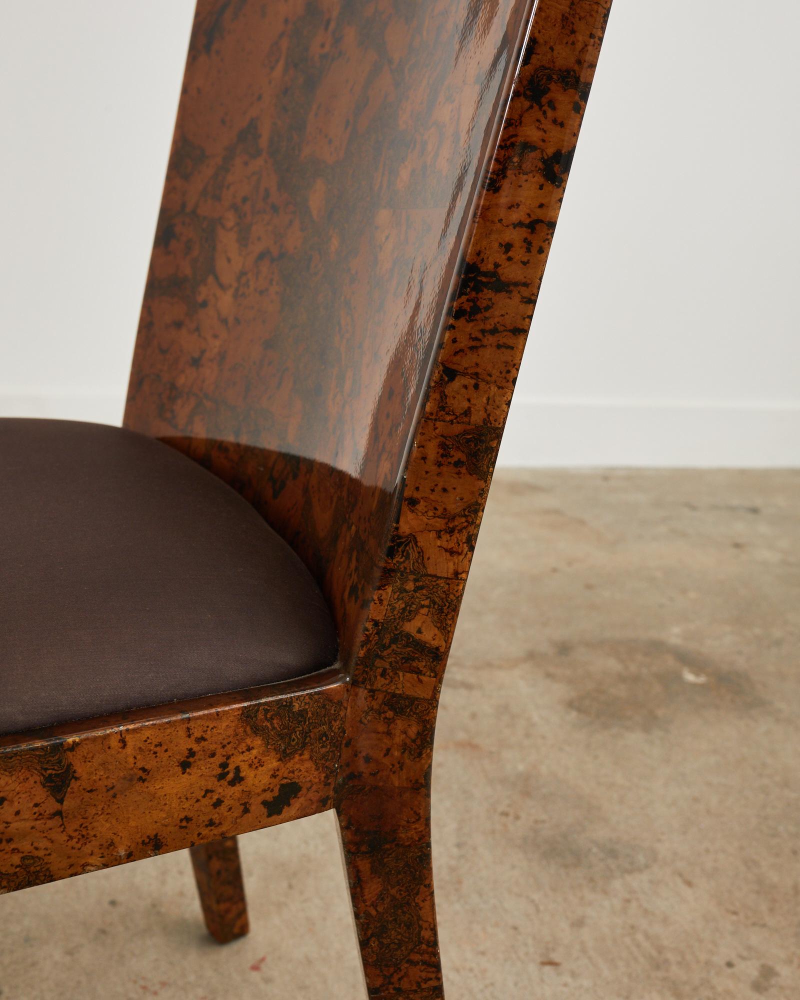 Karl Springer Attributed JMF Chair Lacquered Burlwood Patchwork For Sale 4