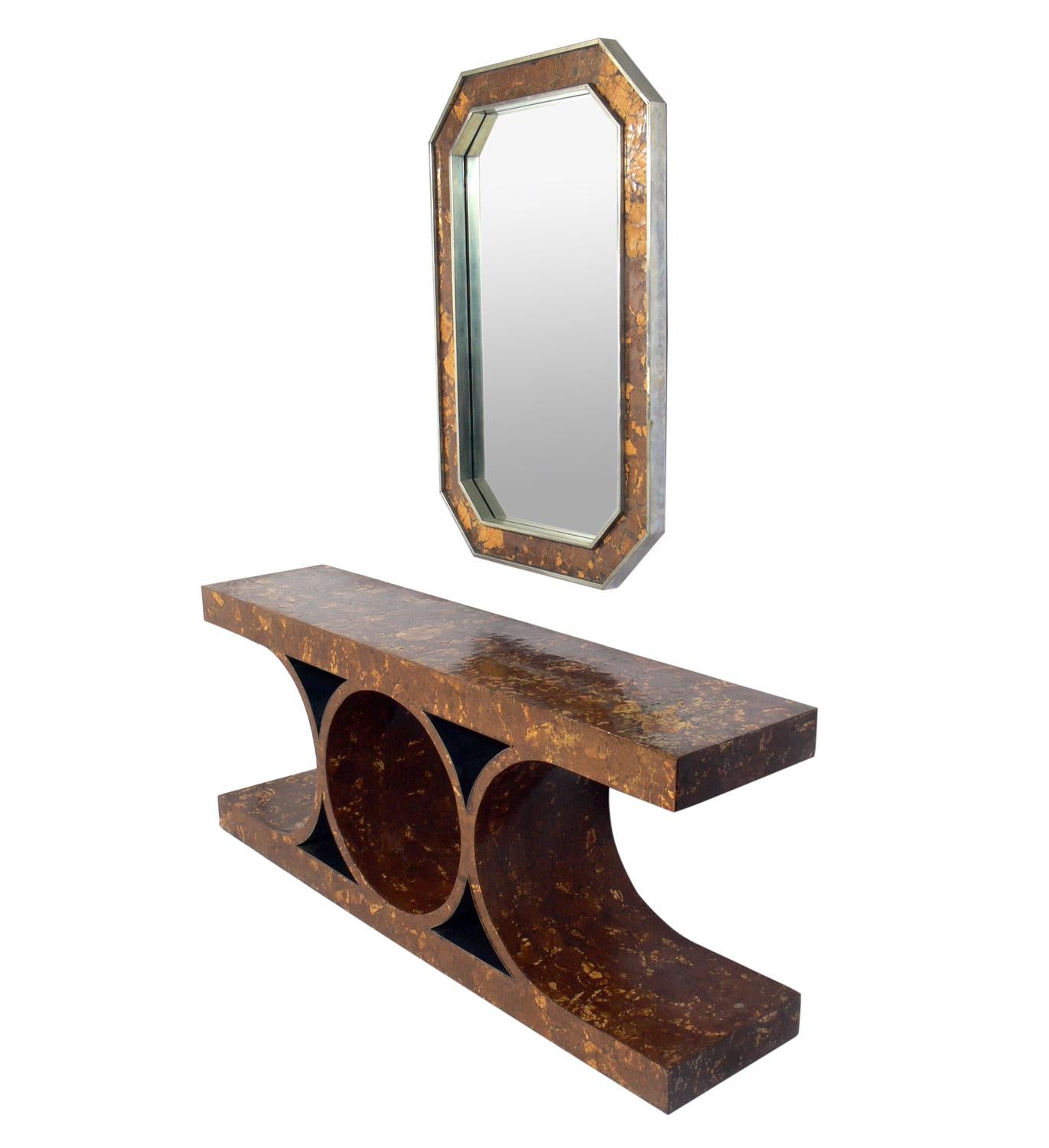 Karl Springer Style JMF (Jean Michel Frank) model console and mirror, American, circa 1970s. The mirror measures 47