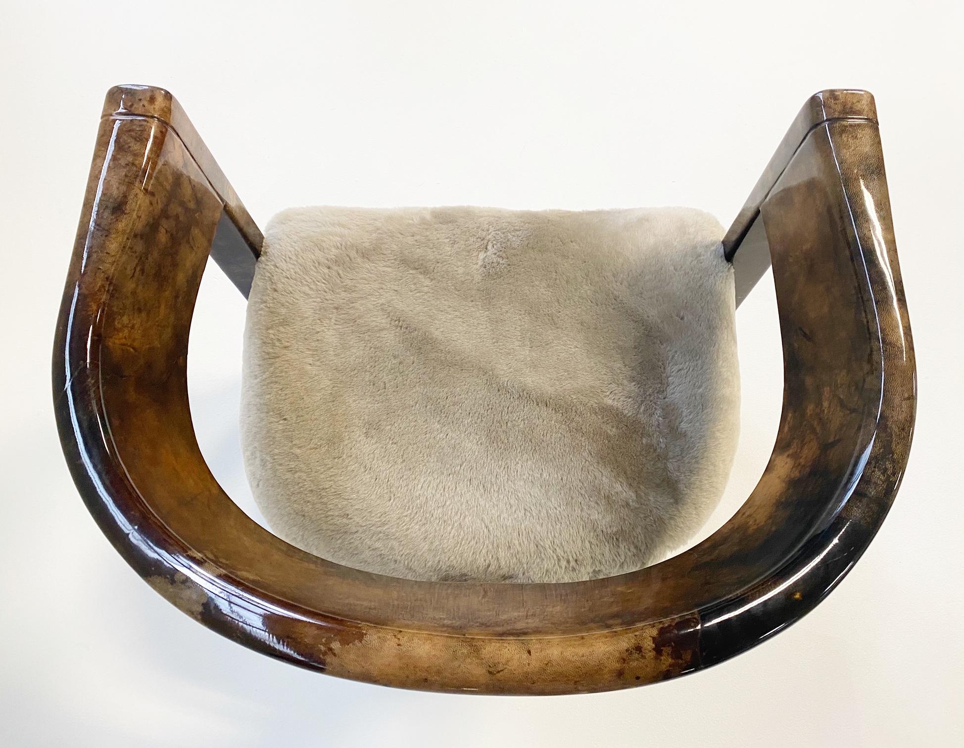 Mid-Century Modern Karl Springer Lacquered Goatskin Armchair in Shearling