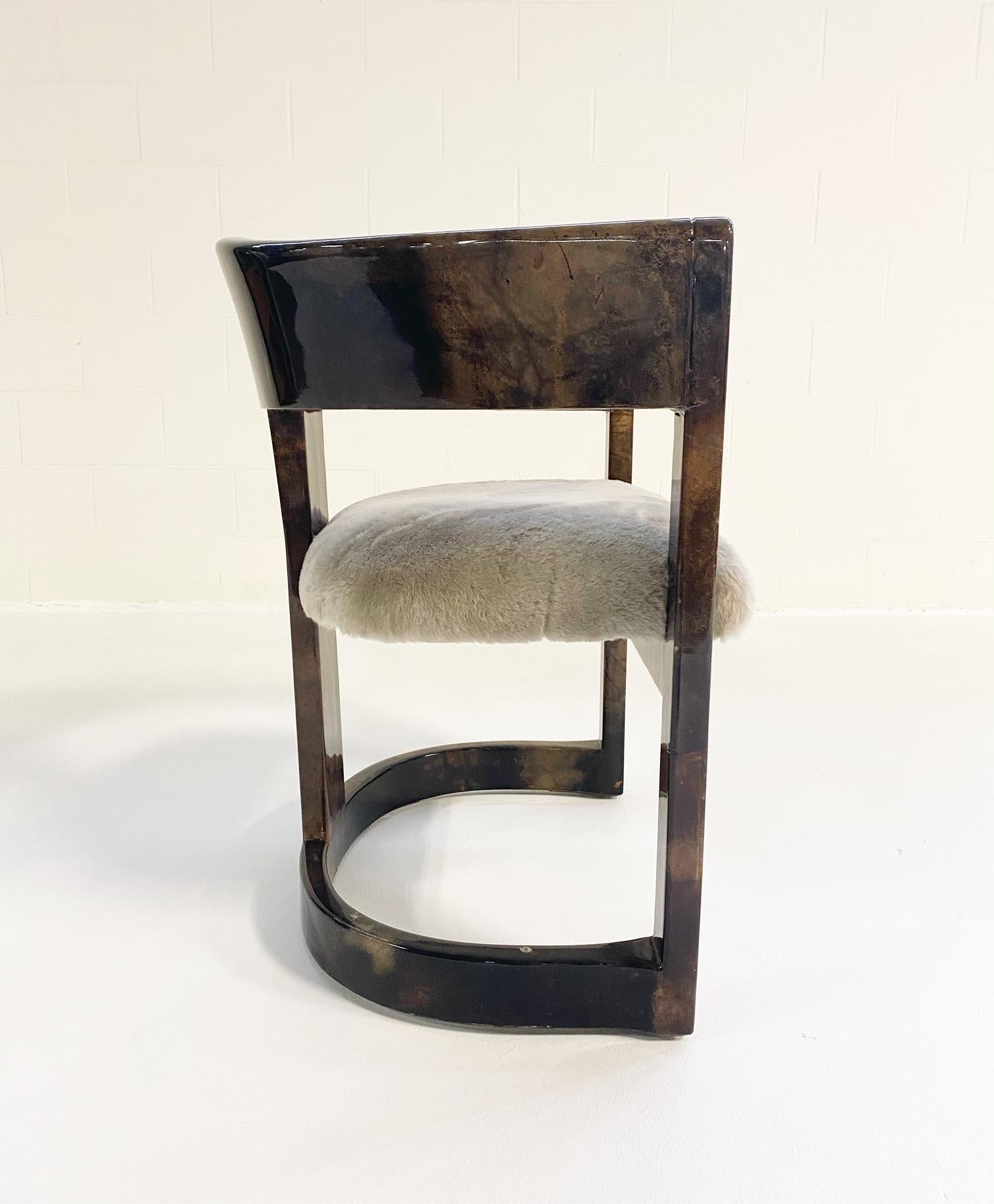 American Karl Springer Lacquered Goatskin Armchair in Shearling