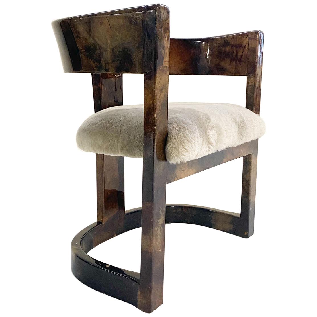Karl Springer Lacquered Goatskin Armchair in Shearling