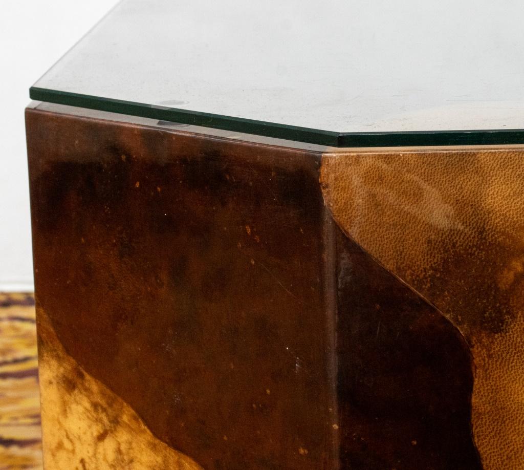 Karl Springer Lacquered Parchment coffee table, Circa 1980. With a protective glass top. 

Dealer: S138XX