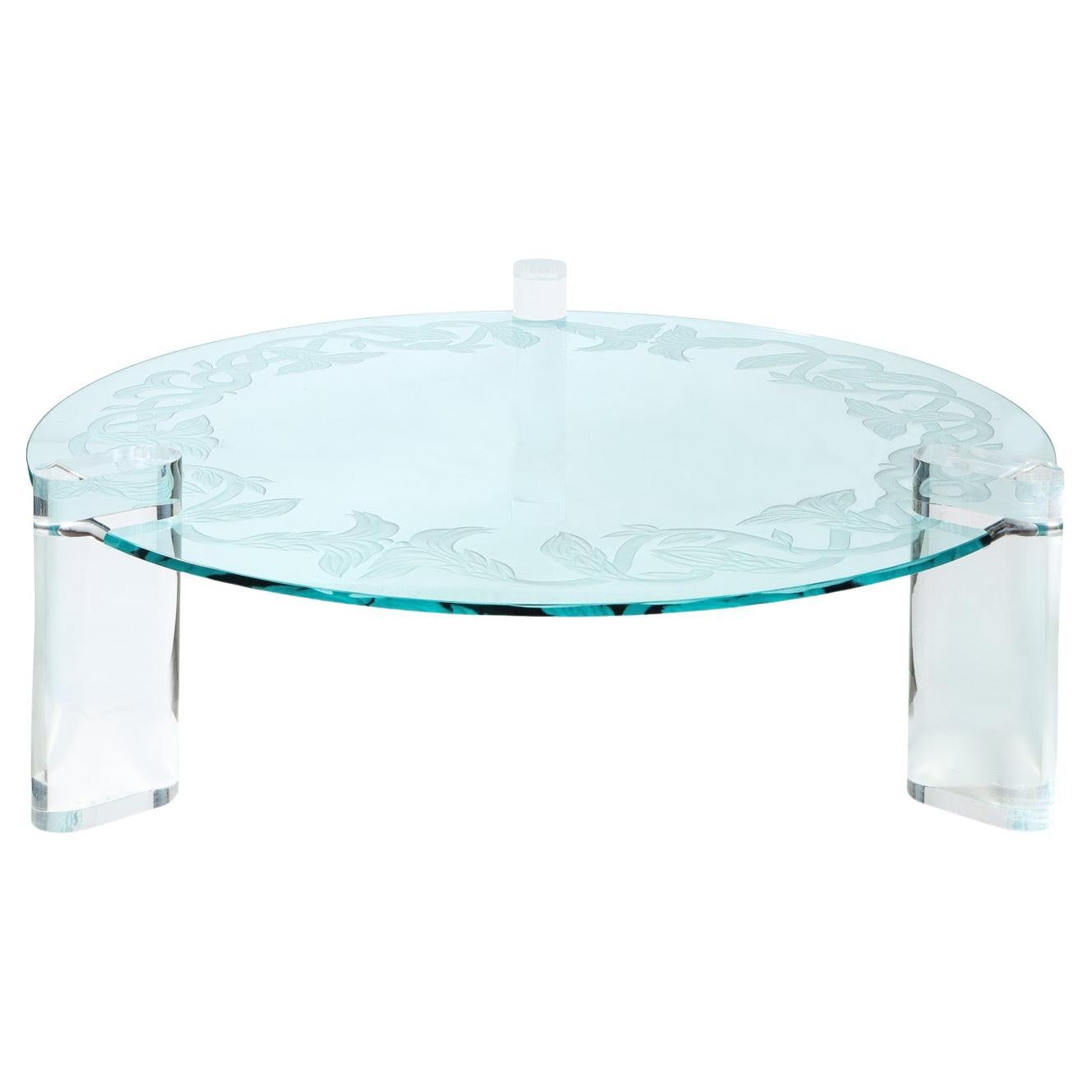 Karl Springer Coffee Table with Lucite Legs and Unique Glass Top 1980s (Signed) For Sale